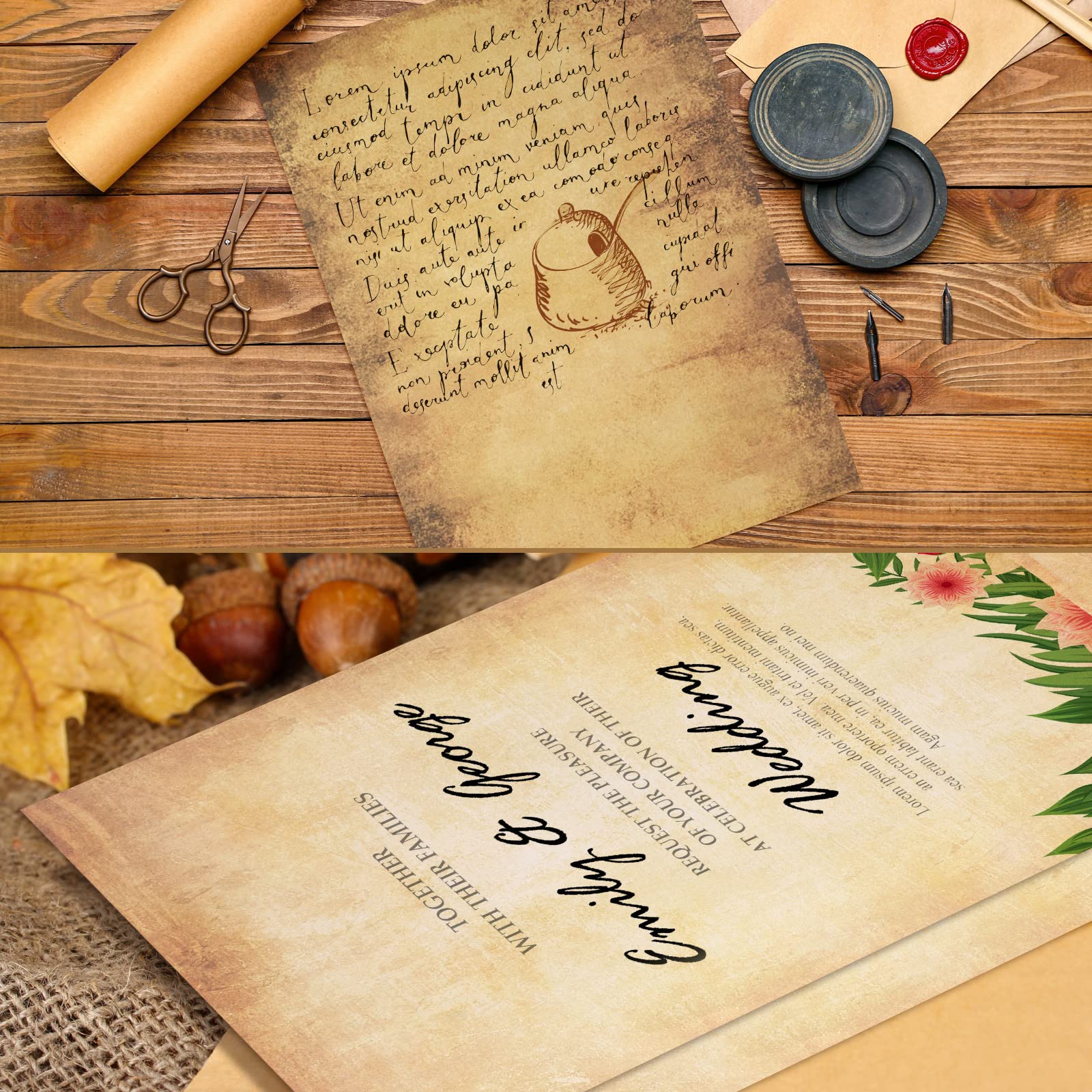 Glenmal 240 arkuszy papieru pergaminowego w stylu vintage, 20 x 28 cm, papier do drukarki pergaminowej, dwustronny, antyczny papier, prezent do kaligrafii, drukowania, scrapbookingu, certyfikat