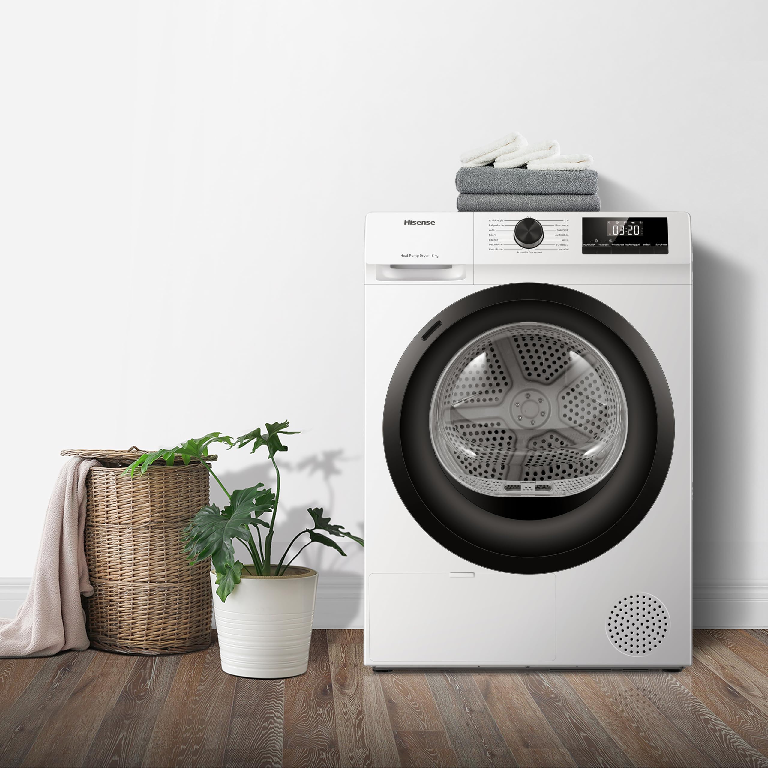 Hisense DHQE800BW2 Wäschetrockner 8KG Kondensation Wärmepumpe 15 Programme Feuchtesensor Anti Crease TwinAir Energieeffizienzklasse D Weiß