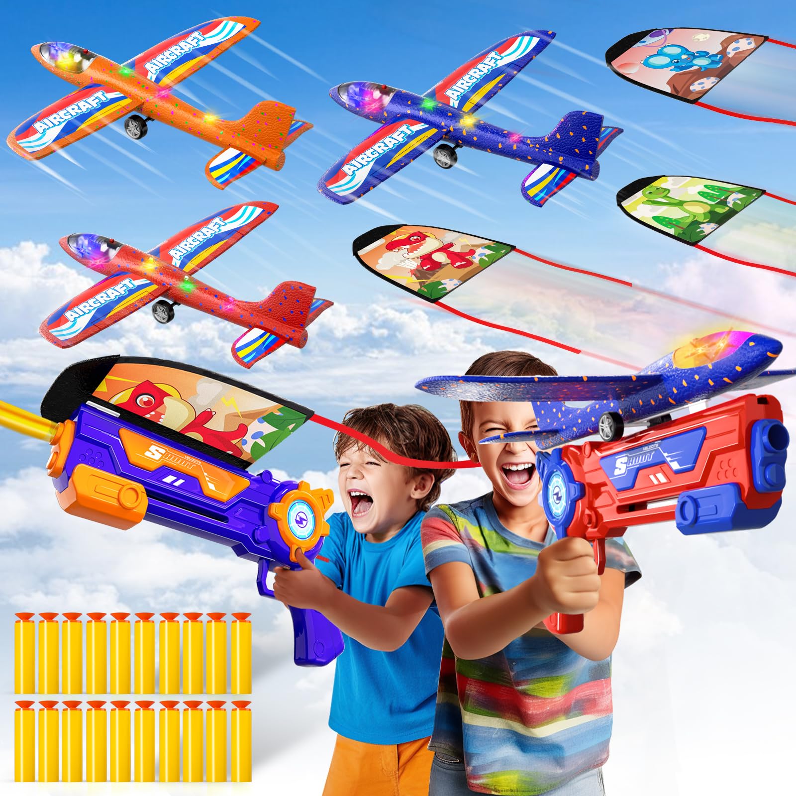TEMI 6 Pack Airplane Kite Launcher Toys for 3 4 5 6 7 Boys LED Foam Glider Catapult Plane and