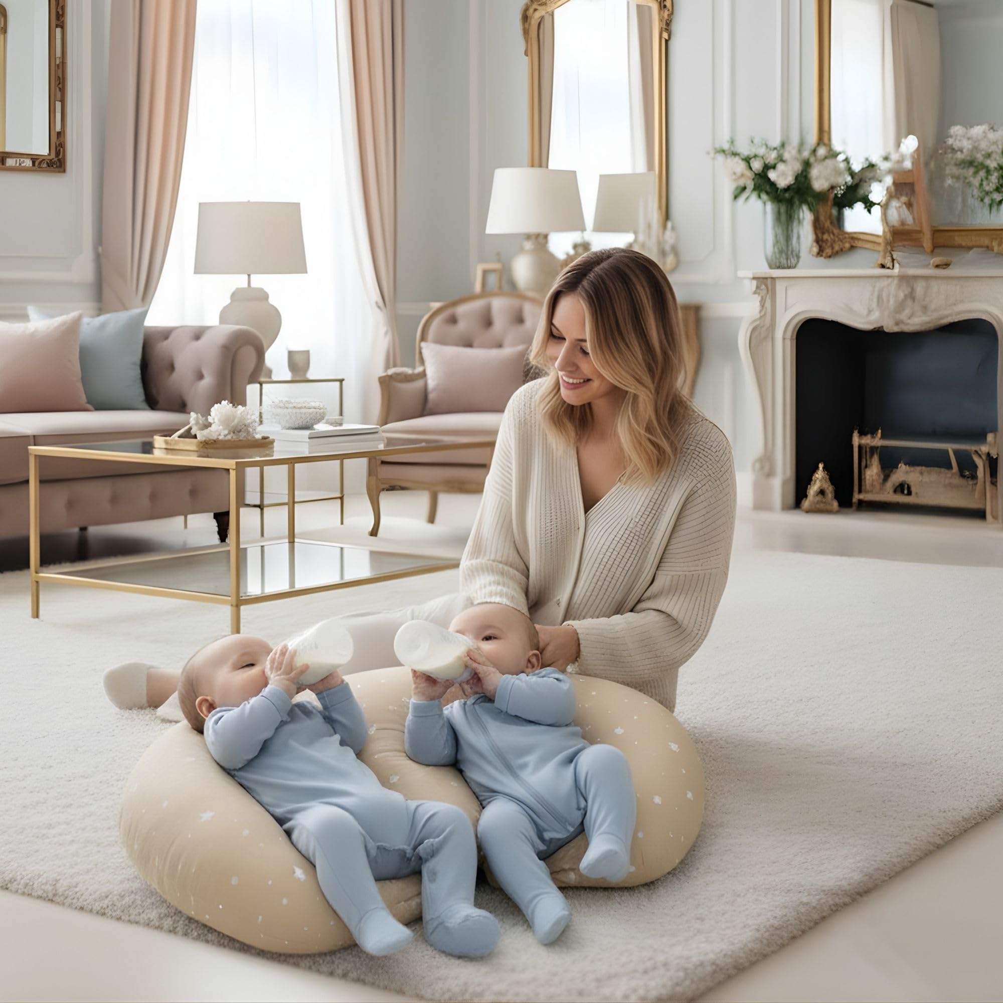 Coussin d’allaitement Jumeaux Twins - 90x50 cm - Oreiller maternité XXL ergonomique Breastfeeding Nursing Pillow bébé positionnement confortable multifonction Oeko-Tex Beige à étoiles blanches