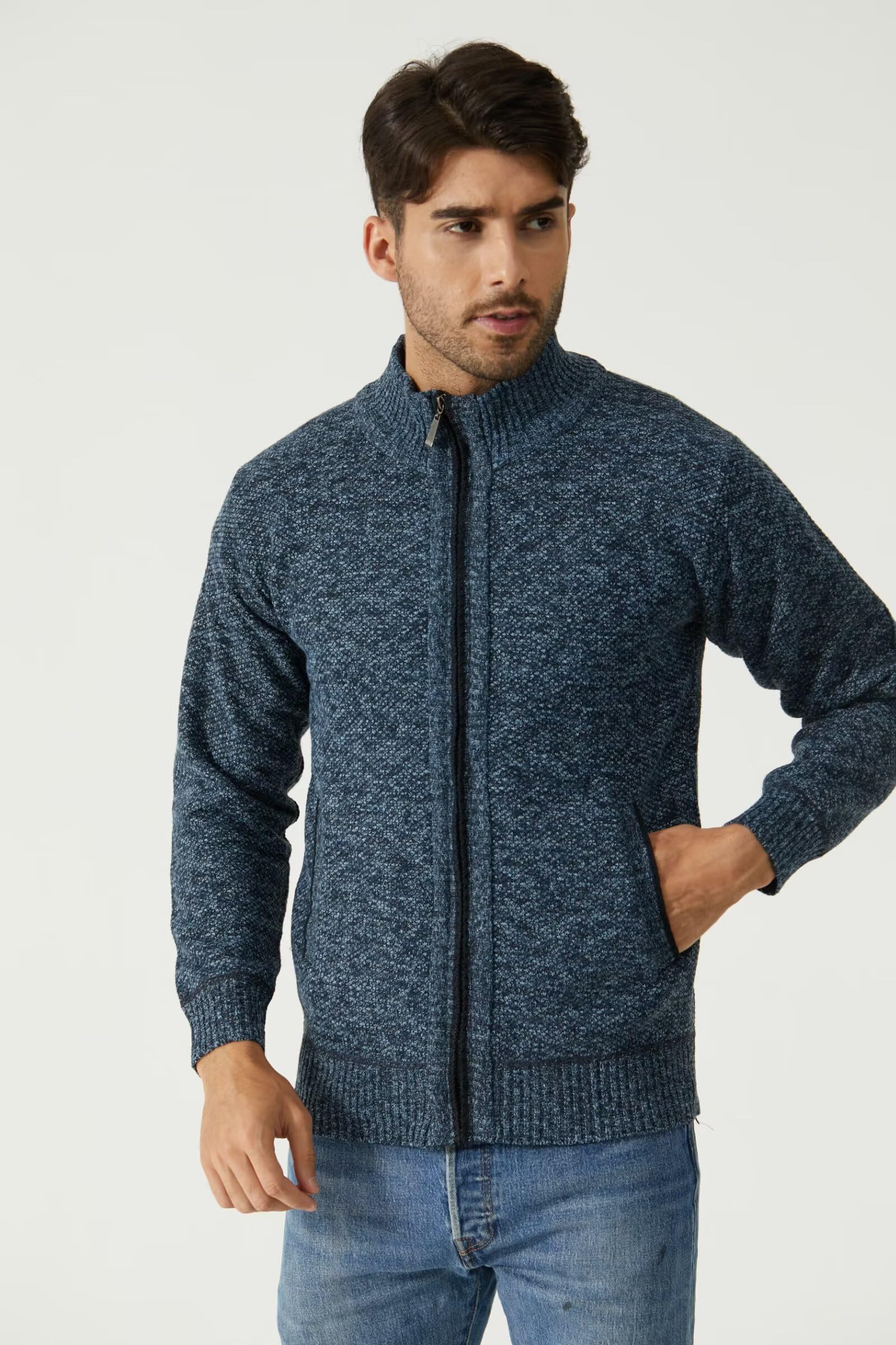 Suéter de Punto Grueso para Hombre, de Cuello Alto, Informal, de Punto, Color Liso, con Bolsillo, Cremallera Frontal Completa, Estilo clásico, Forro Polar, térmica, cálida, para Hombre