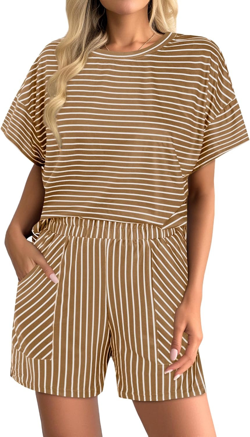 Hilinker Womens 2 Piece Striped Pajamas Sets Short Sleeve Pj Tops and Shorts Loungewear with Pockets