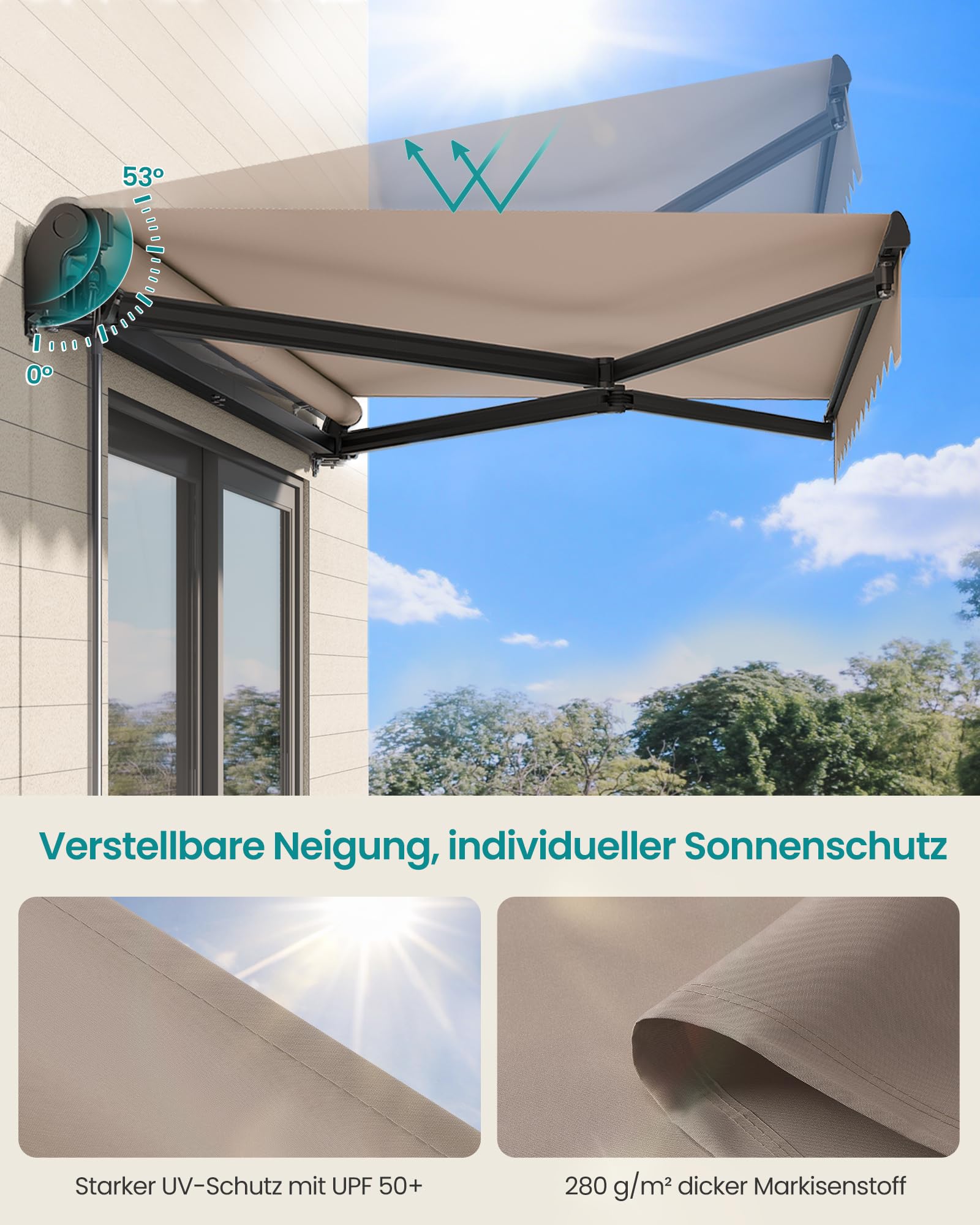 SONGMICS Gelenkarmmarkise, Markise mit Handkurbel, UPF 50+, 300 x 250 cm Balkon Sonnenschutz, Aluminiumlegierung, verstellbar, gelbbraun, SHELD 