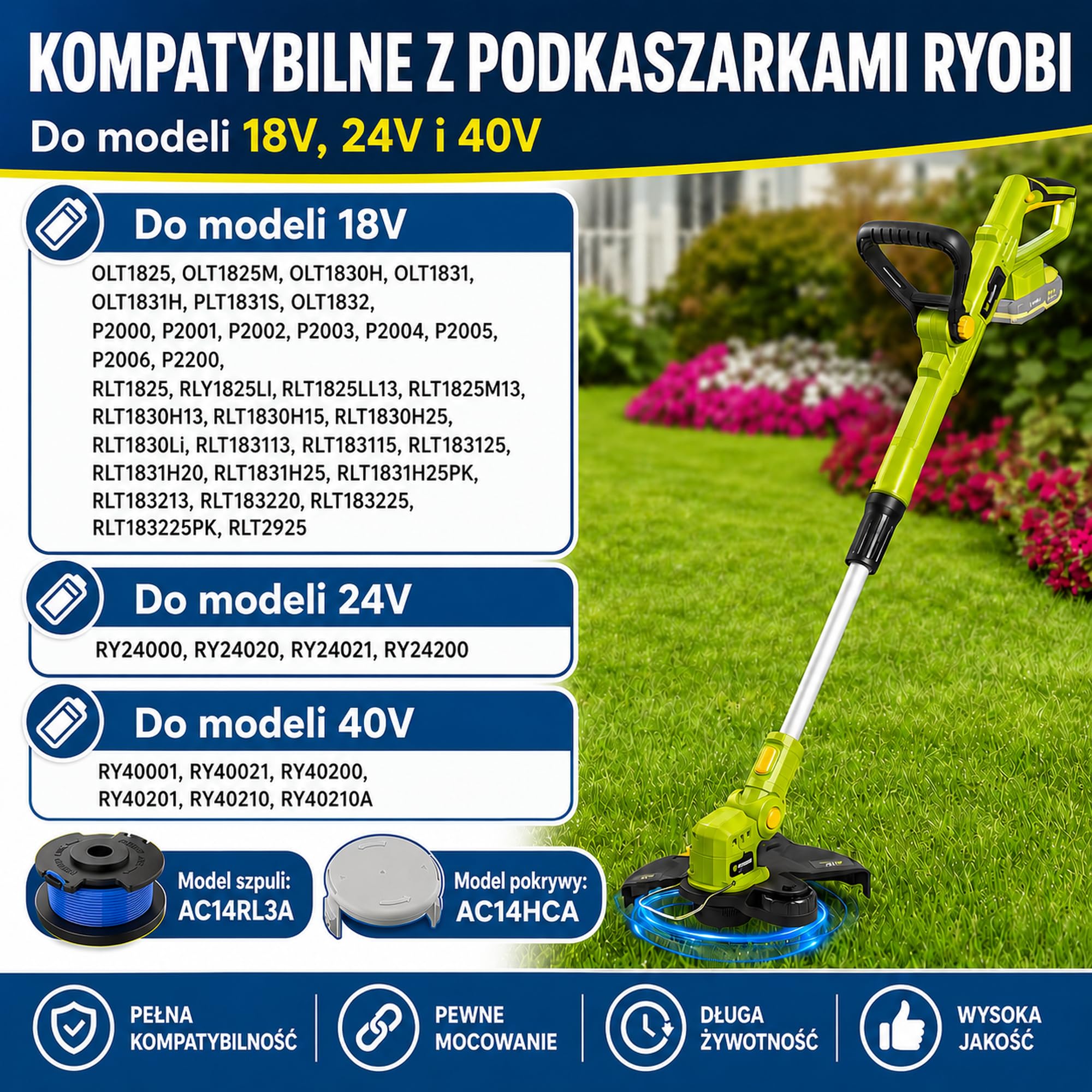 12 x szpula do podkaszarki + 4 x nasadka do Ryobi One+ 18 V, 24 V, 40 V, zapasowa szpula żyłki AC14RL3A, kompatybilna z podkaszarką do trawy Ryobi, nylon Ø 1,65 mm, długość 3,35 m