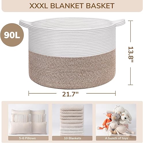 Vista 7 de INDRESSME Cesta de Cuerda de Algodón XXXLarge 21.7" x 21.7" x 13.8" Cestas Tejidas para Ropa de Bebé Cestas de Mantas Cesta de Juguetes con Textura