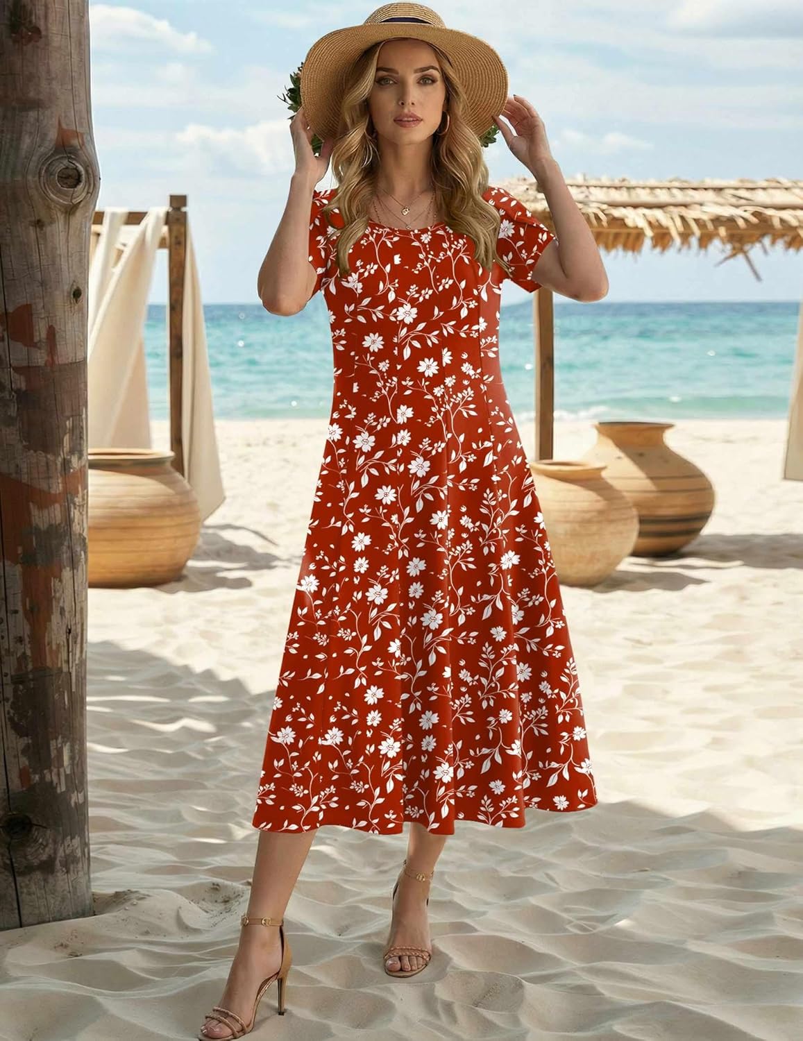 HOTOUCH Summer Dresses for Women 2026 Casual Midi Dress Petal Short Sleeve A Line Dress Pleated Flare Sundress - Image 6