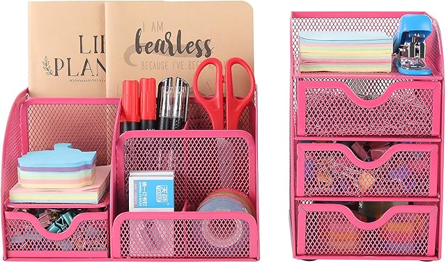 EasyPAG Office Mesh Desk Tidy 2 Piece Organiser Set - Versatile Desktop Tidy Stationery Holder and 3 Tier Small Drawer Chest Storage Container,Pink