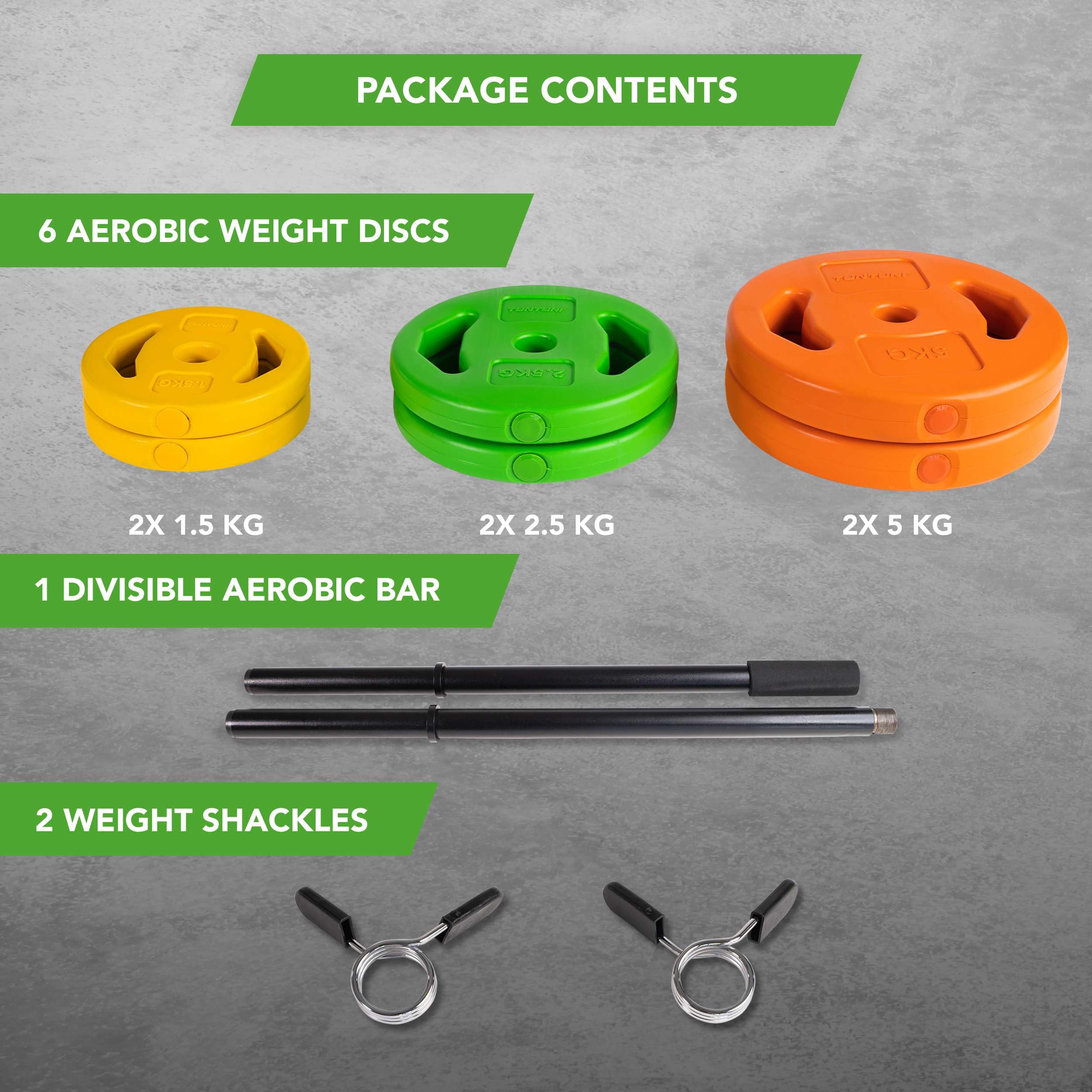 Tunturi 14TUSCL353 Pesi Palestra per Allenamento Aerobico - Dischi Palestra in Plastica - 1 Barra Componibile inclusa - 20 Kg, Unisex – Adulto, Orange, Green, Yellow, 20 kg