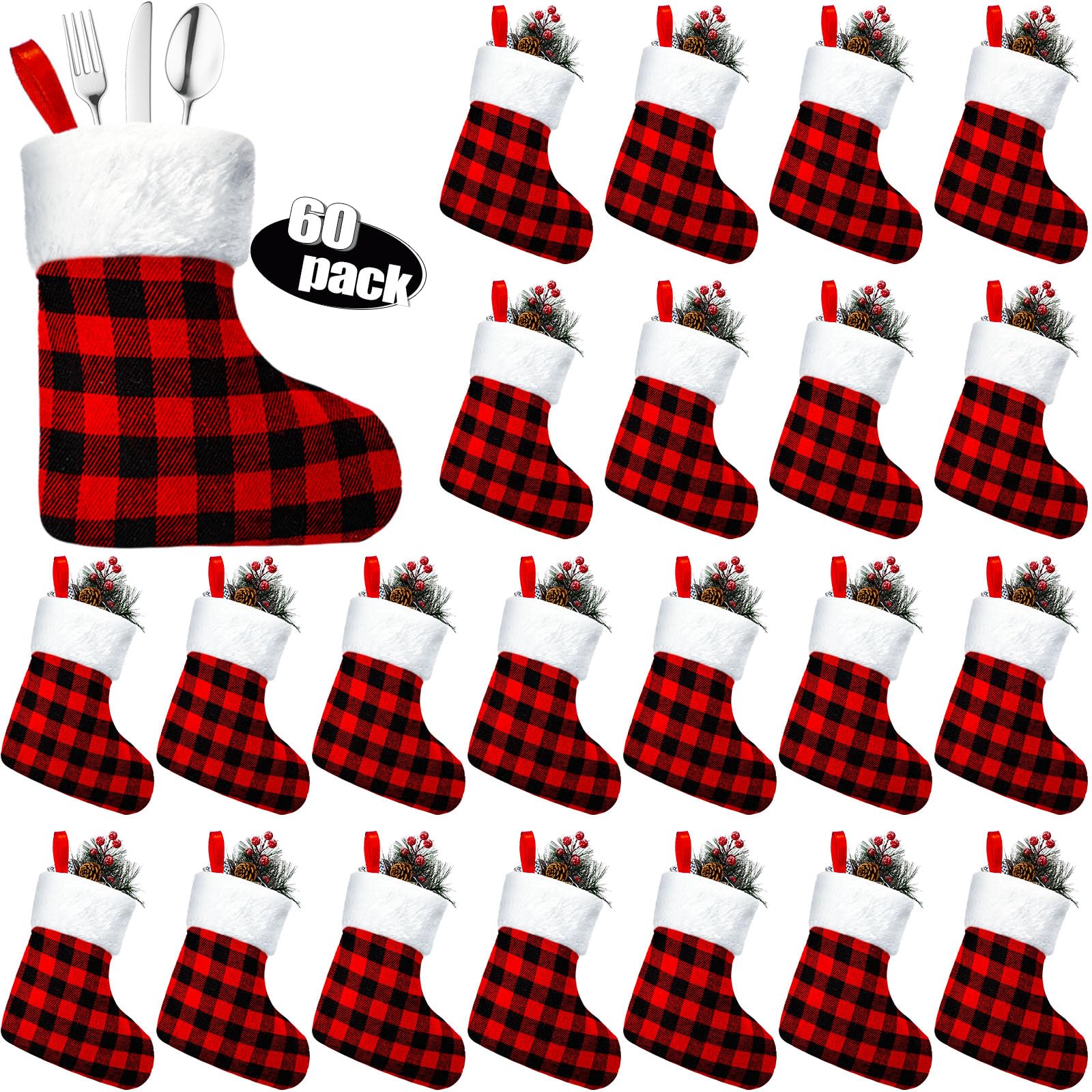 Honoson 60 Mini Christmas Stocking Bulk 5 Inch Red Black Buffalo Plaid Christmas Stocking Xmas Plush Cuff Stocks for Mantel Window Favor