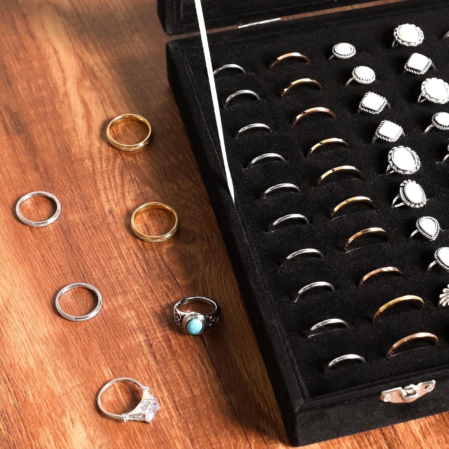 Frebeauty Ring Organizer Tray Bundle:100 Slots Ring Holder with Clear Lid Velvet Ring Storage Box Ring Tray Jewelry Ring Display Case for Jewelry Show Ring Box for Women Girls(Black and Grey)