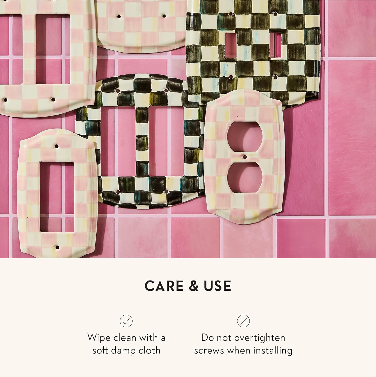 MACKENZIE-CHILDS Outlet Cover, Decorative Double-Outlet Cover Plate, Pink-and-White Rosy Check