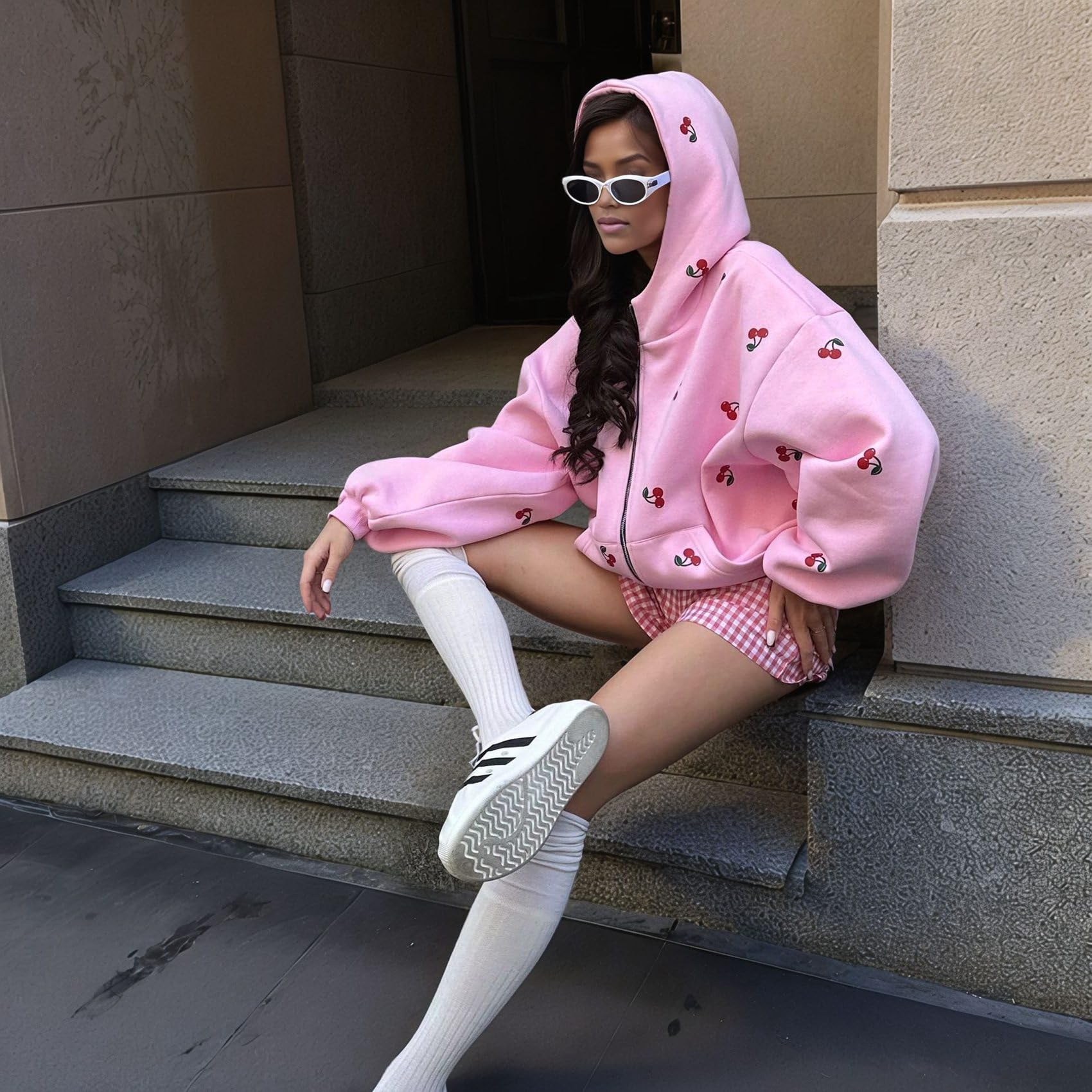 Sudadera con Capucha y Cremallera para Mujer, con Estampado de, Larga y Corte Oversize, Estilo Y2K Rosa M