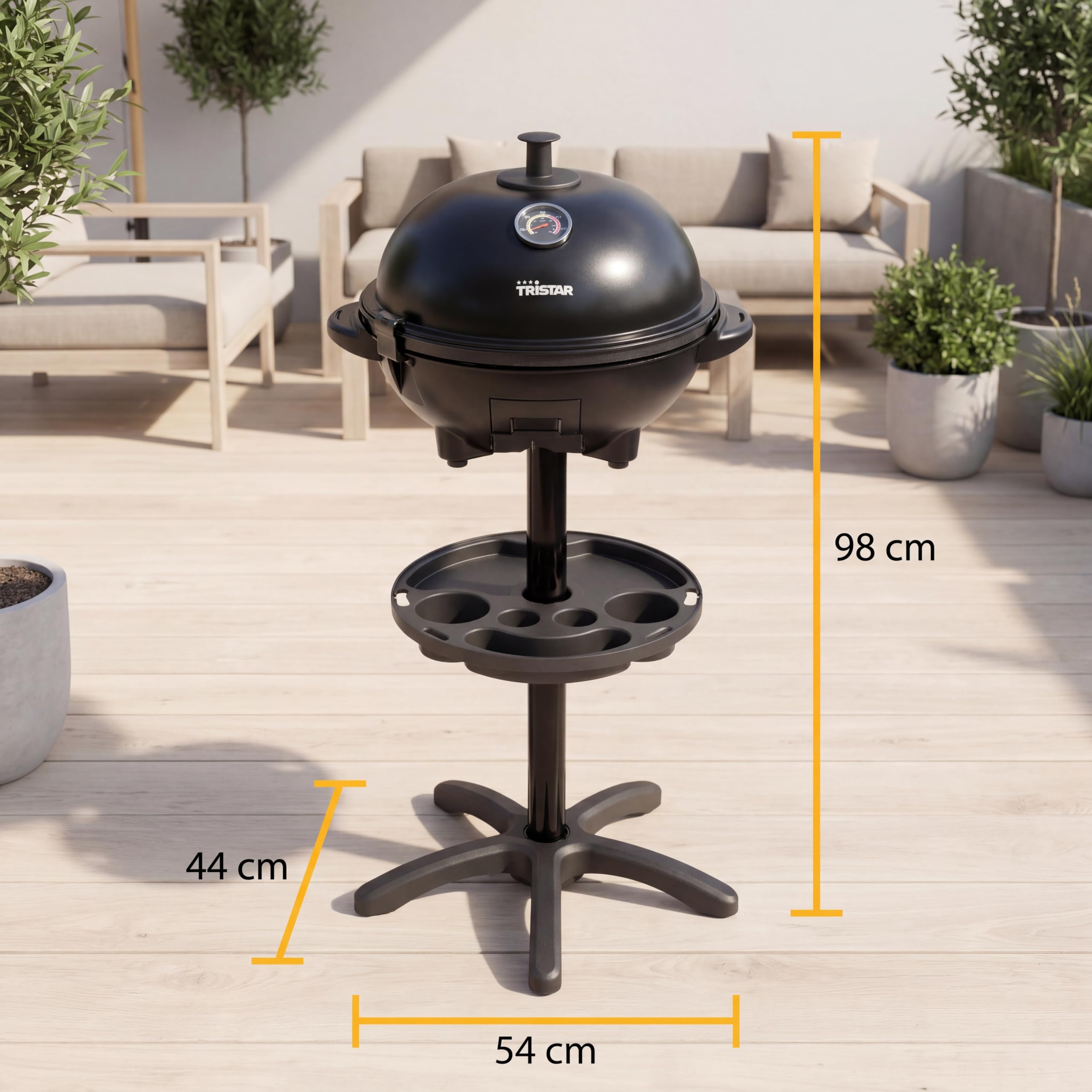 Tristar BQ-2885 elektryczny grill ze stojakiem, płyta grillowa 41 cm, 2200 W, może być również stosowany jako grill stołowy, pokrywa z termometrem i regulowanym termostatem