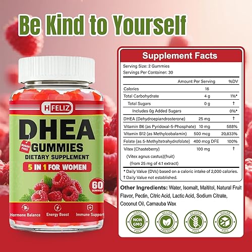 Miniatura 2 de Suplemento DHEA para mujeres, DHEA 25 mg gomitas con B6, B12, Folato y Chasteberry para apoyo energético, vegano, sabor frambuesa, 60 unidades