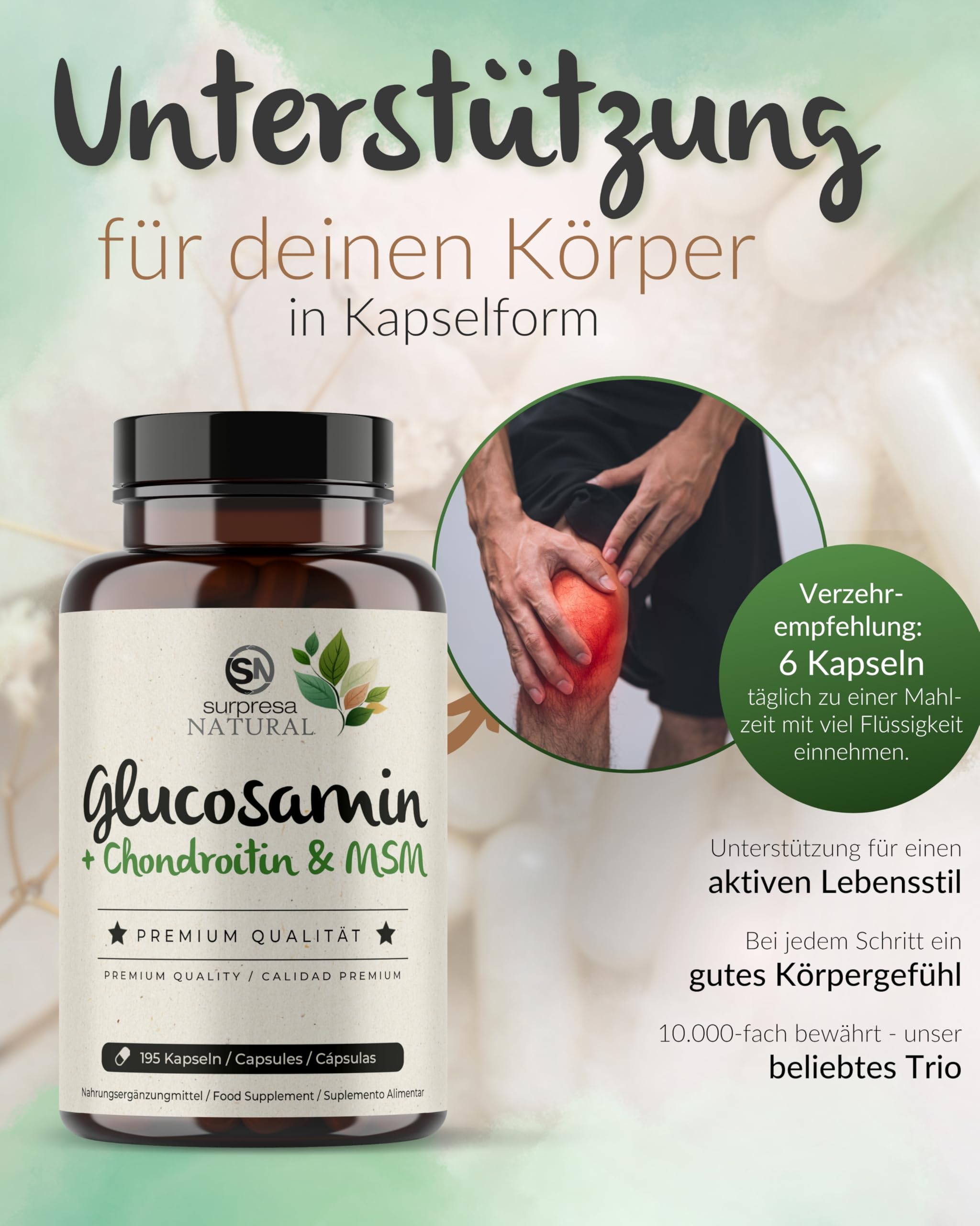Glucosamin Chondroitin & MSM Kapseln hochdosiert I 1x 195 Kapseln I 4500 mg pro Tagesdosis I Nahrungsergänzungsmittel ohne Zusatzstoffe & laborgeprüft I 1 Monatsvorrat