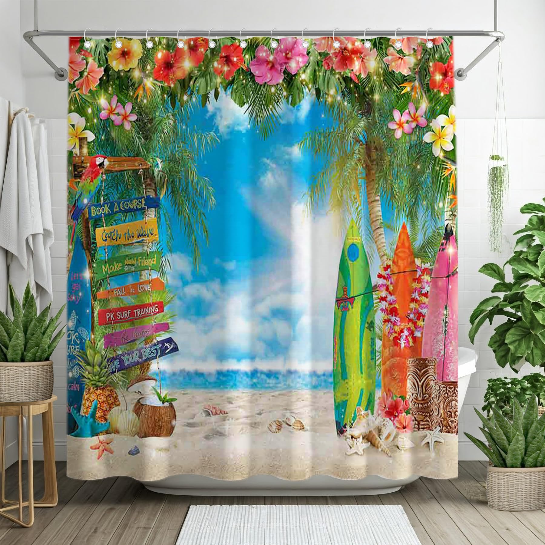YCUCUEI Summer Hawaiian Beach Shower Curtain for Bathroom Tropical Flower Palm Leaves Surfboard Home Decorations Sets with 12 Hooks Waterproof Polyester 72
