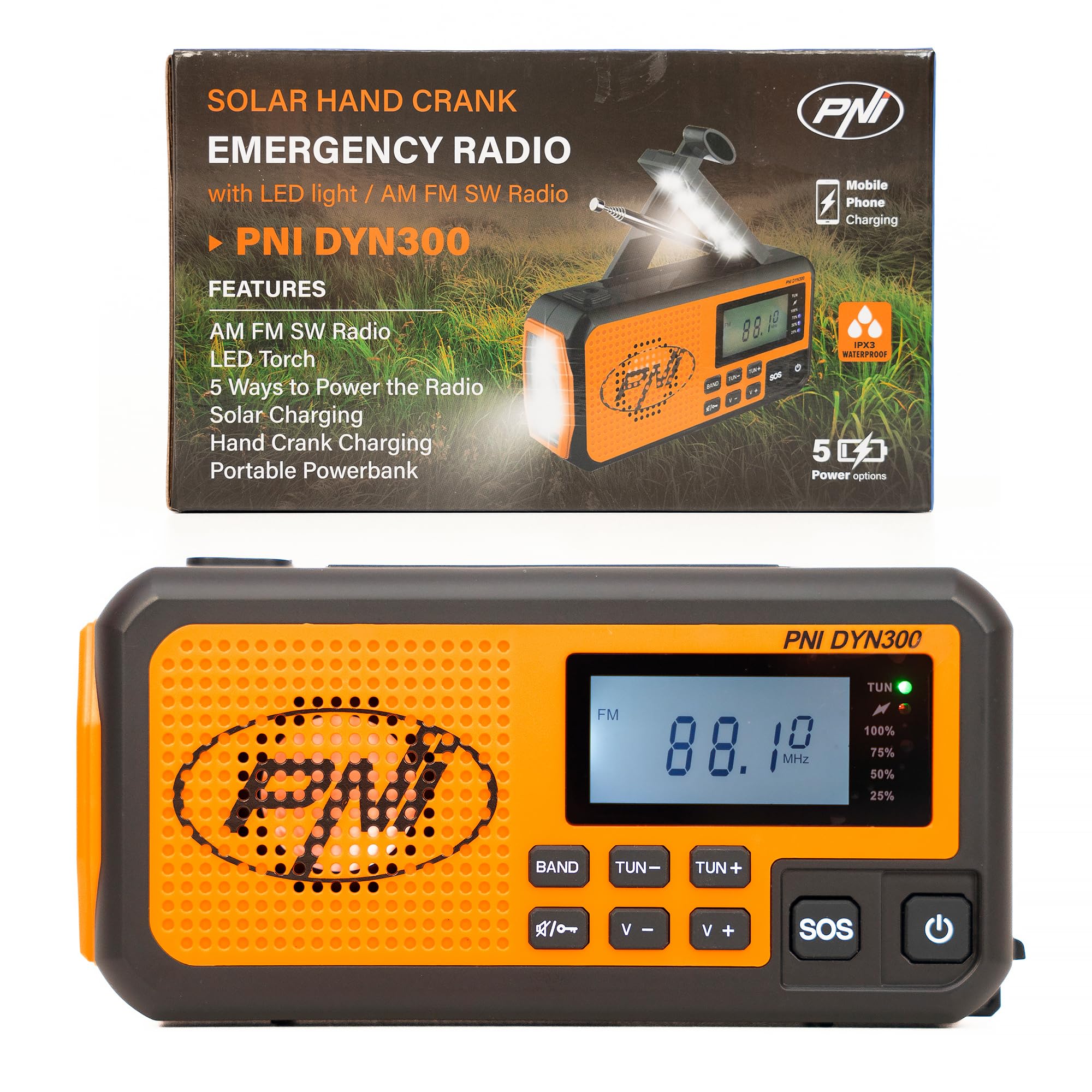 Radio Portable PNI DYN300, avec Dynamo, Chargement Solaire, Lampe de Poche, powerbank 4000 mAh, SOS, IPX3, Orange