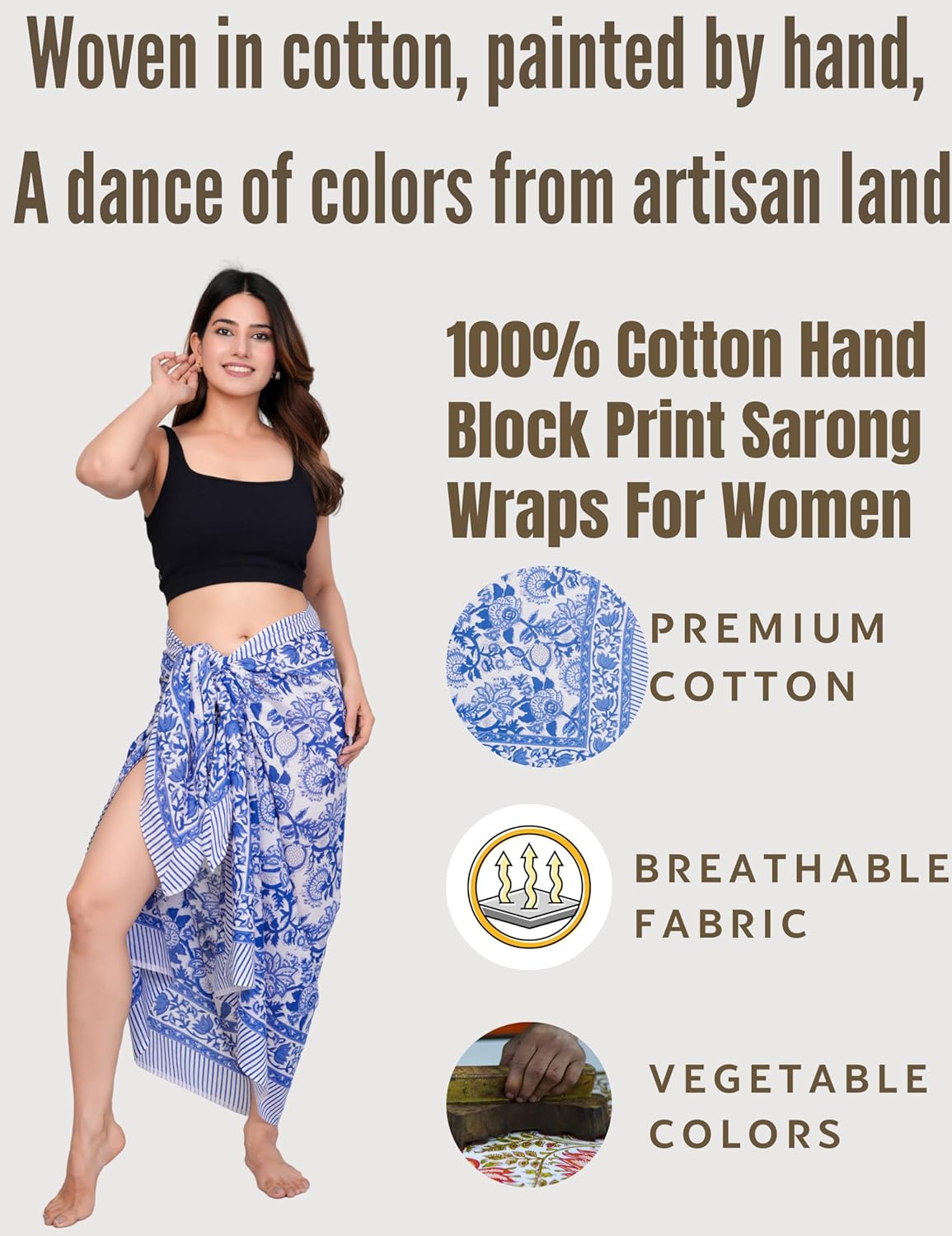 Hand Block Printed Cotton Sarong Wraps for Women – Lightweight Beach Swimsuit Cover Up, One Size Pareo (73 x 44 In) - Image 3