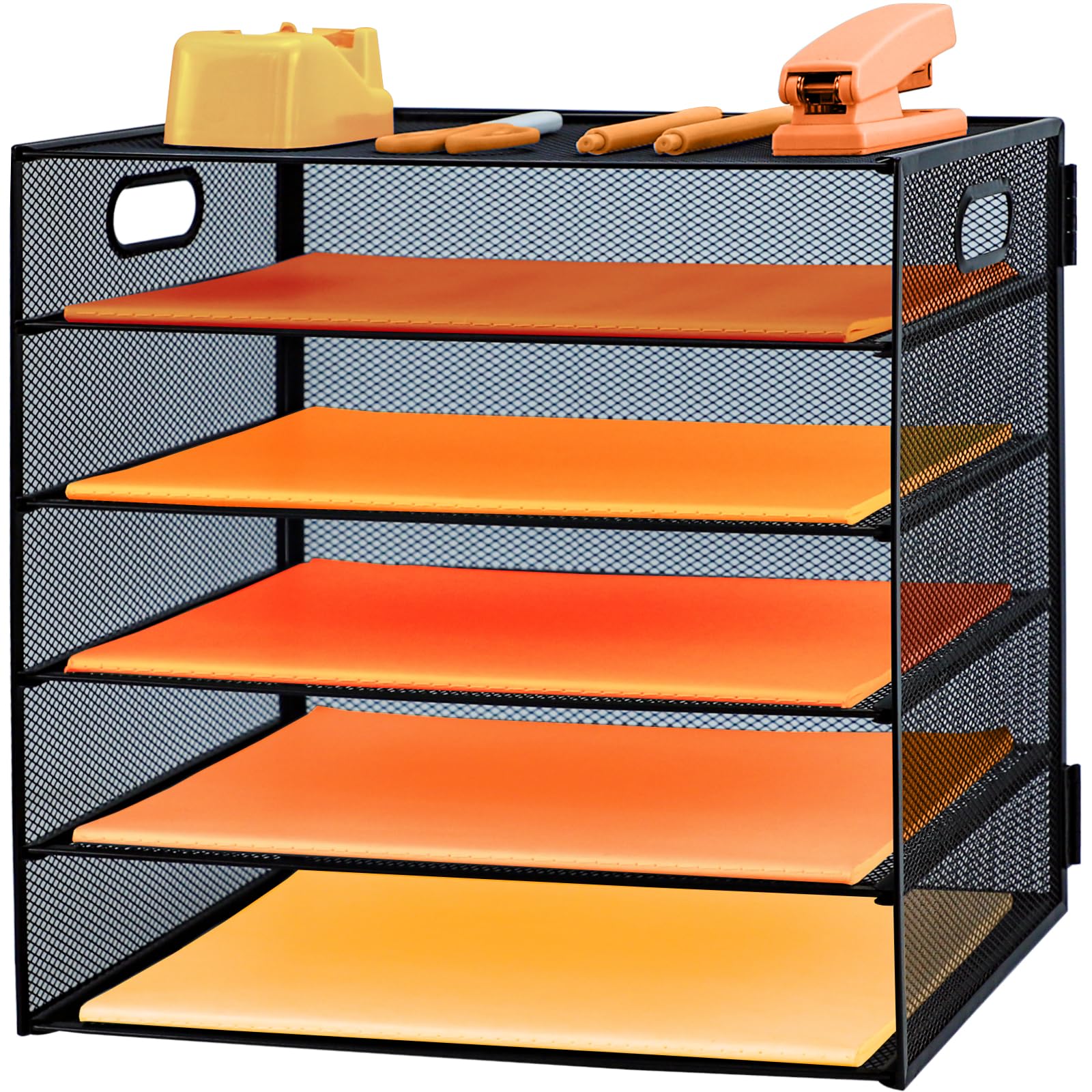 5 Tier Paper Letter Tray with Handle, Metal Mesh Desk File Organizer with Trays, A4 Paper Desktop Filing Trays, Magazine Document Holder for Home Office School
