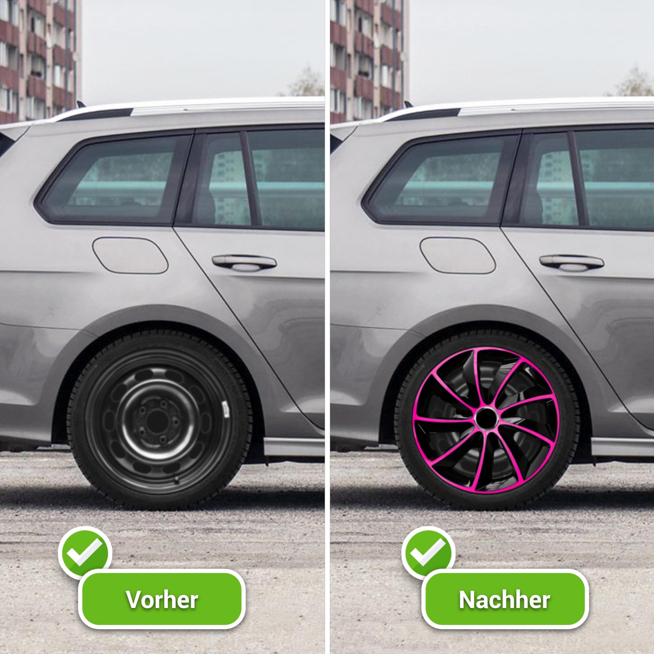 Radkappen 13 Zoll Radzierblenden 4er Set passend für alle Stahlfelgen - Einstellbarer Sicherungsring - Schwarz Rosa Pink