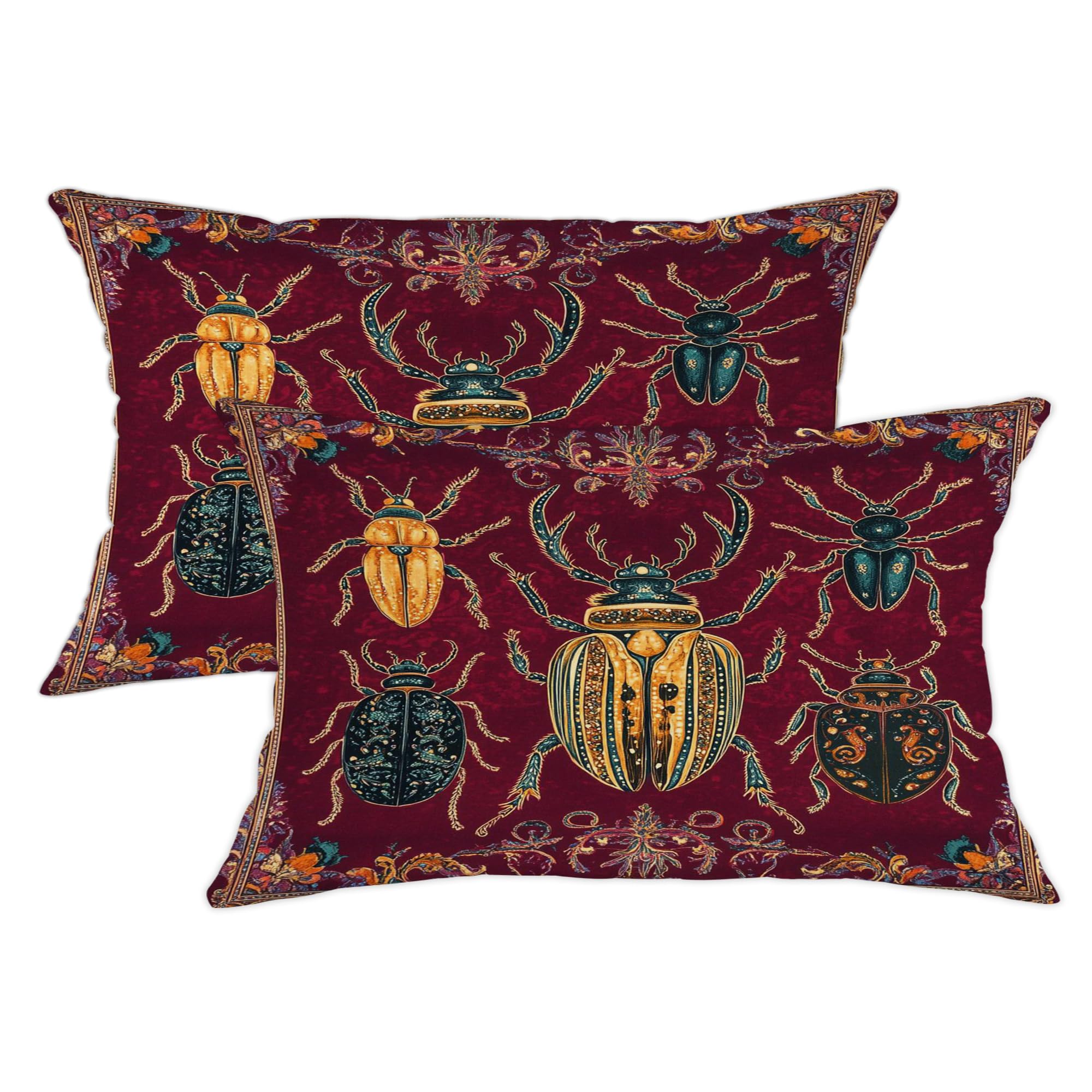 Beetle Print Throw Pillow Covers Set of 2, Burgundy Bug Pattern Decorative Cushion Cases, Vintage Insect Decor for Home Sofa Bed Couch 20x12 Inch