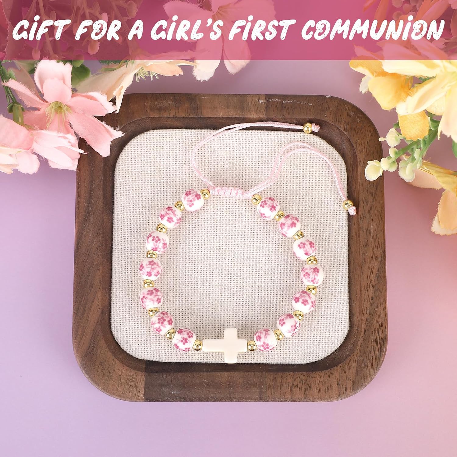 Mikovivi Cross Beaded Bracelet with Card, First Holy Communion Gifts Pink Flower Religious Beads Bracelet for Teen Girl Christian Catholic God Jesus Jewelry Easter Basket Baptism Confirmation Gift