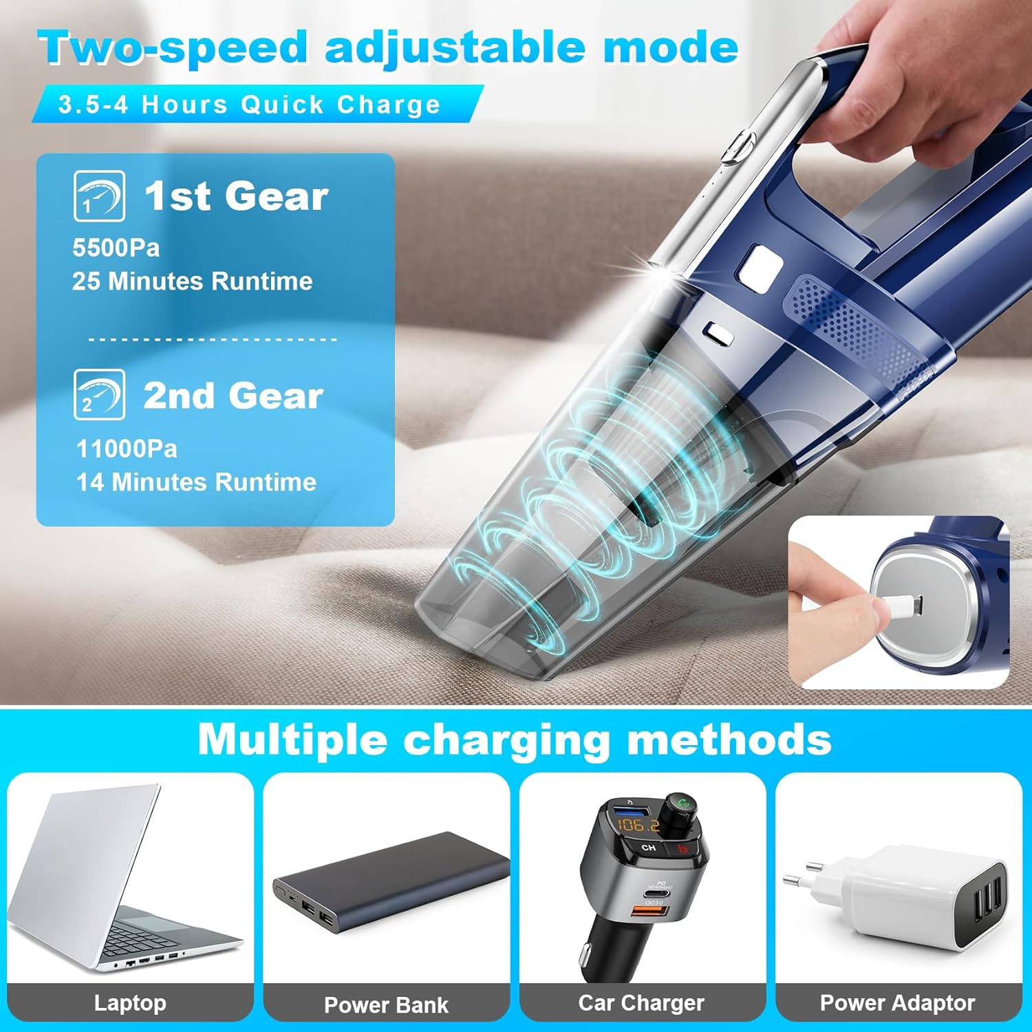 Handheld Vacuum Cordless Mini Portable Rechargeable Car Vacuum Cleaner with 11000PA Powerful Suction for Car Home and Office