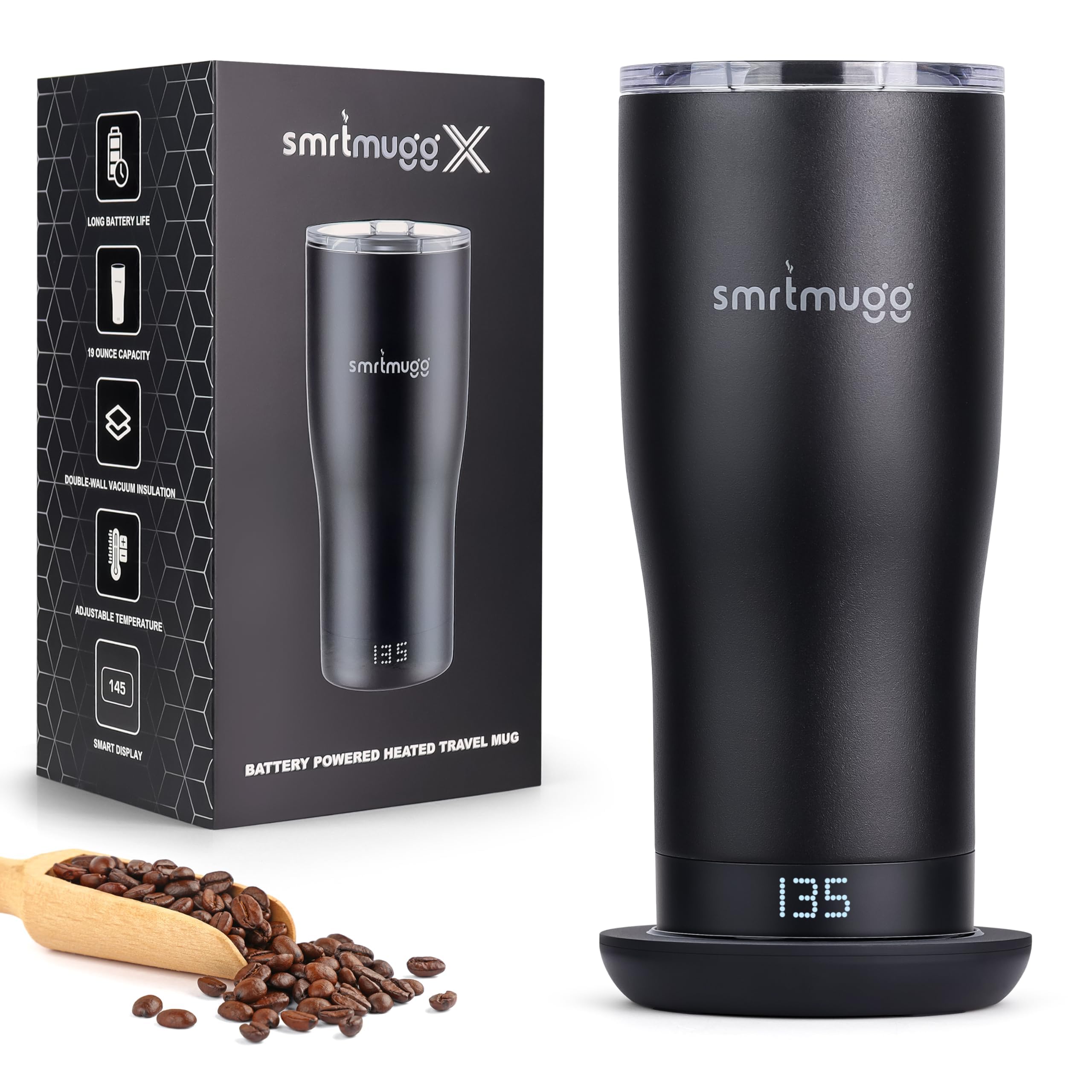 SmrtMugg X 19oz black self-heating mug with LCD display and magnetic slider lid