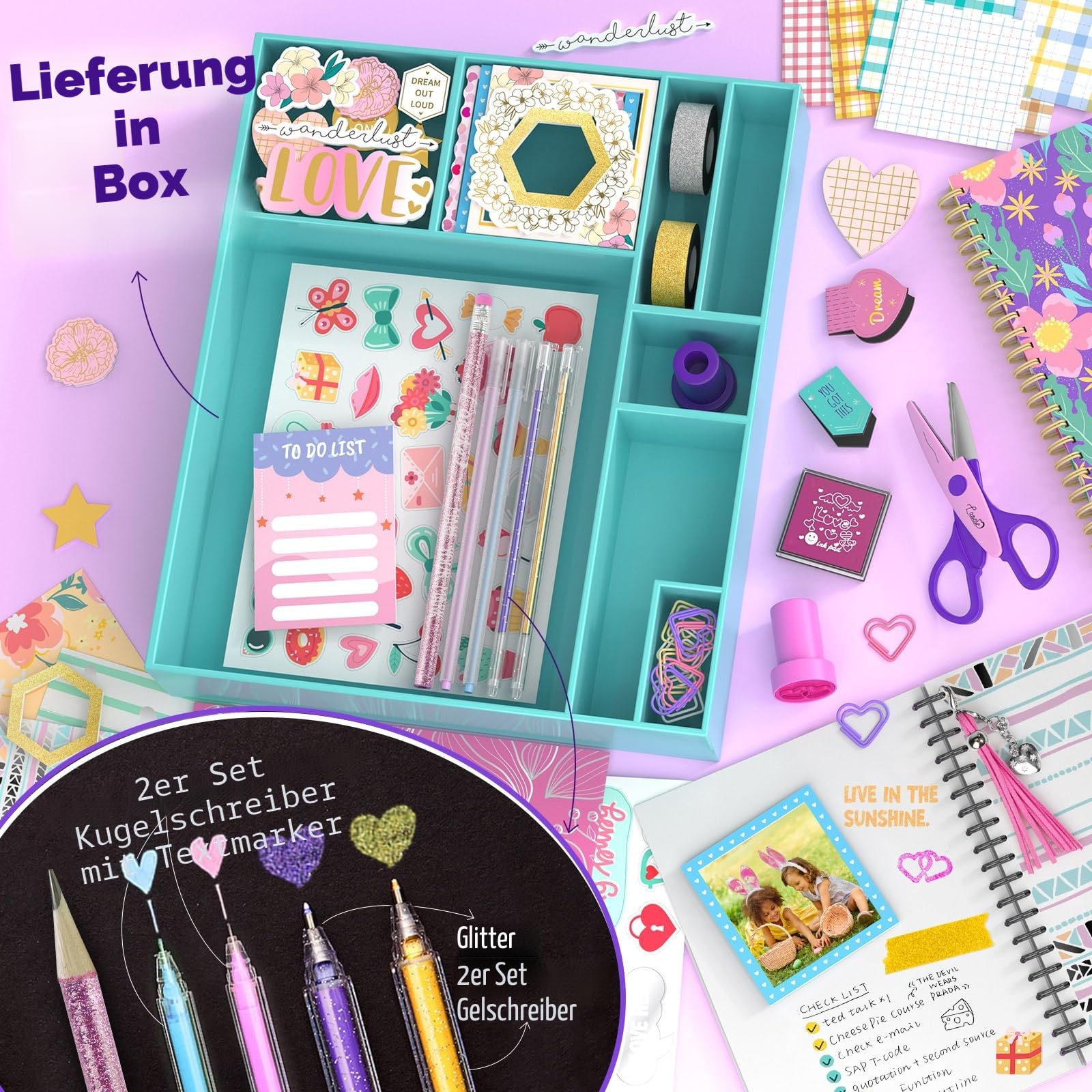 2er-Pack DIY Tagebuch Set, Geschenk Teenager Mädchen im Alter von 8 9 10 11 12 13 14 Jahren, Schreibwaren und Scrapbook Set, Basteln Mädchen 8-14 Jahre, Geburtstag & Weihnachten Geschenke für Kinder