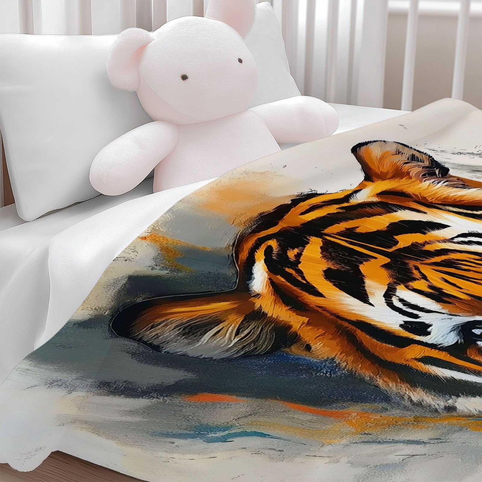 Générique Koc w kratę 150 x 200 cm, obraz olejny tygrysy, bardzo miękki koc flanelowy z nadrukiem, narzuta na sofę premium dla nastolatków i dorosłych, beżowy