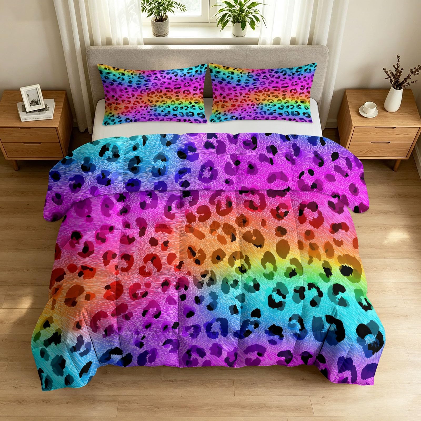 Modern Wild - Piumino 135 x 200 cm, 4 stagioni, morbido e anallergico, senza rivestimento, con motivo leopardato arcobaleno, leggero e lavabile, per tutto l'anno, con 2 federe