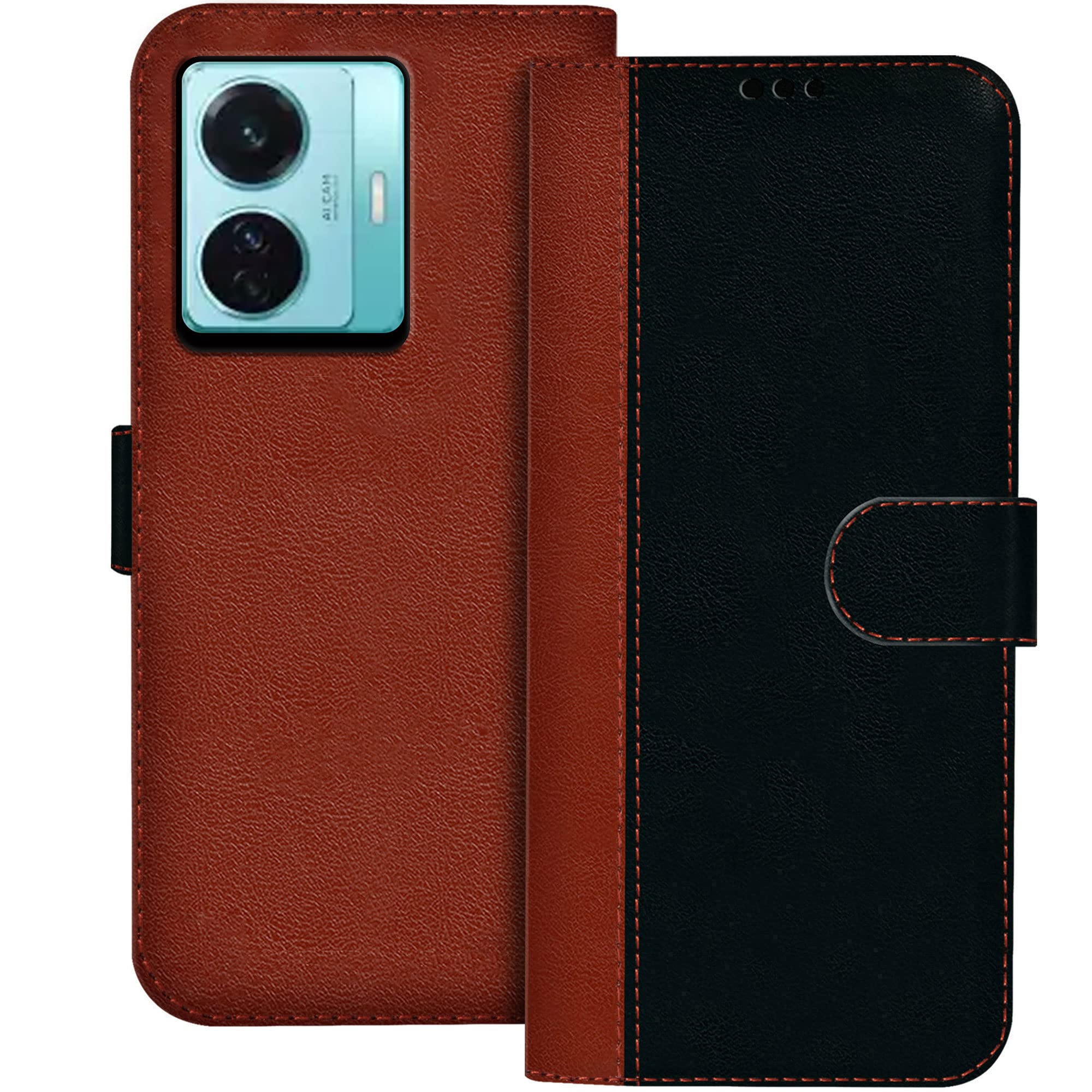 Hupshy Faux Leather Flip Case Back Cover for vivo T1 Pro 5G Lite Foldable Stand and Inside Card Pocket|Shockproof with 360 Degree|Magentic Clutch Folie (Black and Brown)