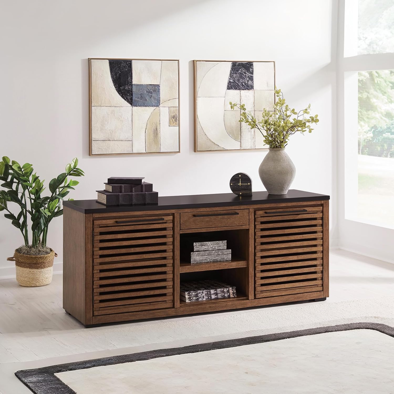 Signature Design by Ashley Kallari Casual Credenza with Anti-Tipping and Adjustable Shelf, Dark Brown & Black