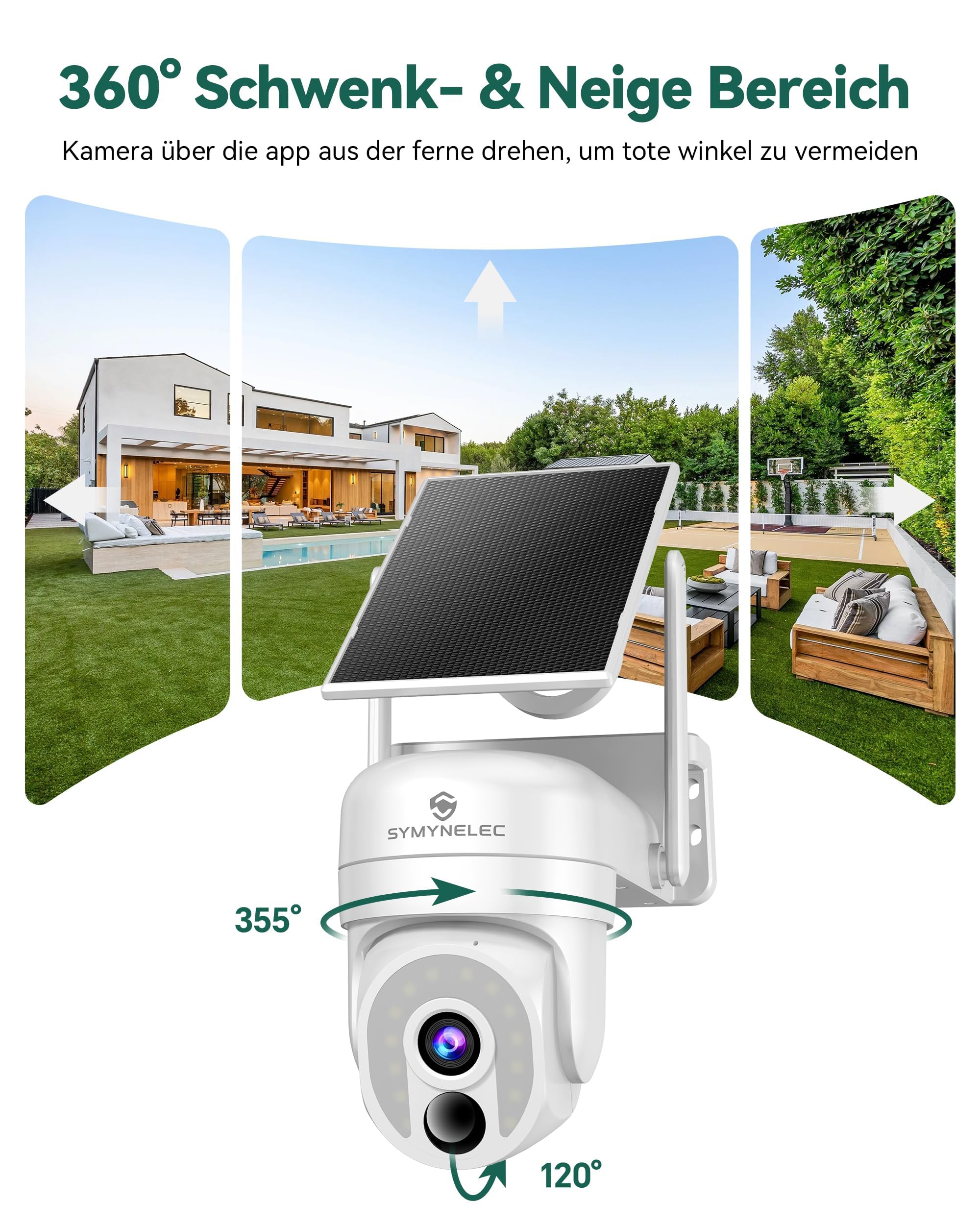 SYMYNELEC Telecamera WiFi da Esterno 5GHz/2,4GHz con Pannello Solare | Videocamera Sorveglianza a Batteria, Rilevamento Umano e Allarme, Audio Bidirezionale, Compatibile con Alexa, IP65