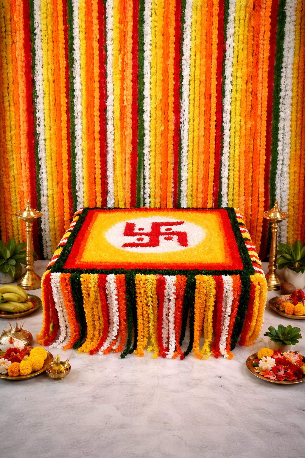 Handmade Feather Wool Ganpati Aasan 16x16 Inch with 29.5x29.5 Inch Backdrop | Fur Wool Bajot Chaurangi Combo for Pooja, Wedding, Haldi, Mehndi & Festival Decoration-image-1