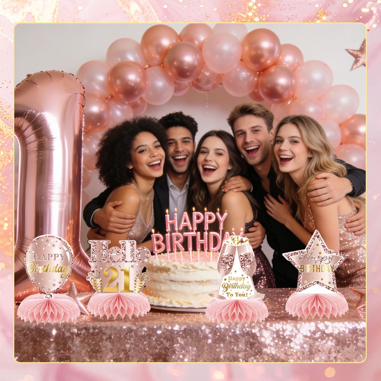 9 Pz Rosa Rosegold 21 Compleanno Alveare Centro Tavola Decorazione per Ragazze Felice 21 Compleanno Decorazione Tavola Feste Accessori Torta Diciotto Anni Decorazi