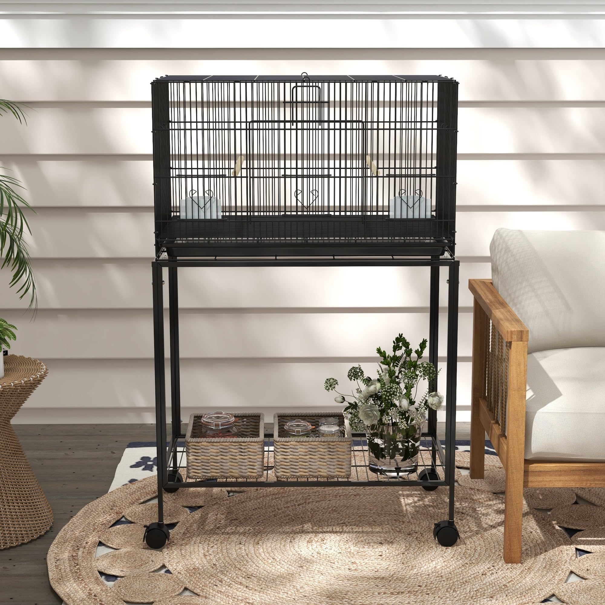 PawHut Gabbia per uccelli 77 x 46 x 119 cm Gabbia in metallo per uccelli con vassoio estraibile grucce mangiatoie per parrocchetti Canarini Nero