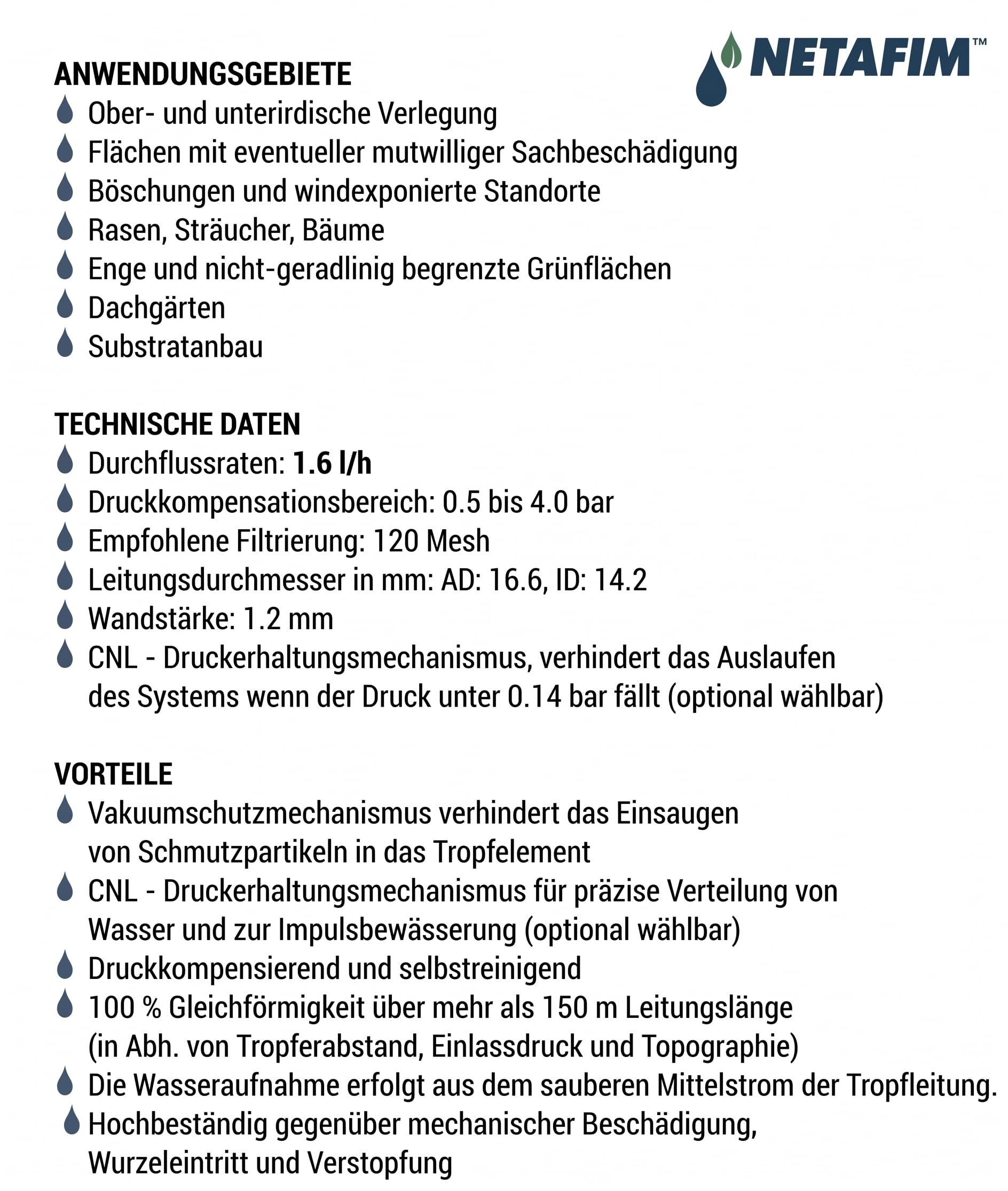 NETAFIM (Weltmarktführer) UniTechLine 16012 AS Tropfrohr 100m, 1,6 l/h, 30cm Abstand. Druckkompensierender Tropfschlauch mit Wurzeleinwuchssperre, ober- & unterirdisch.NETT