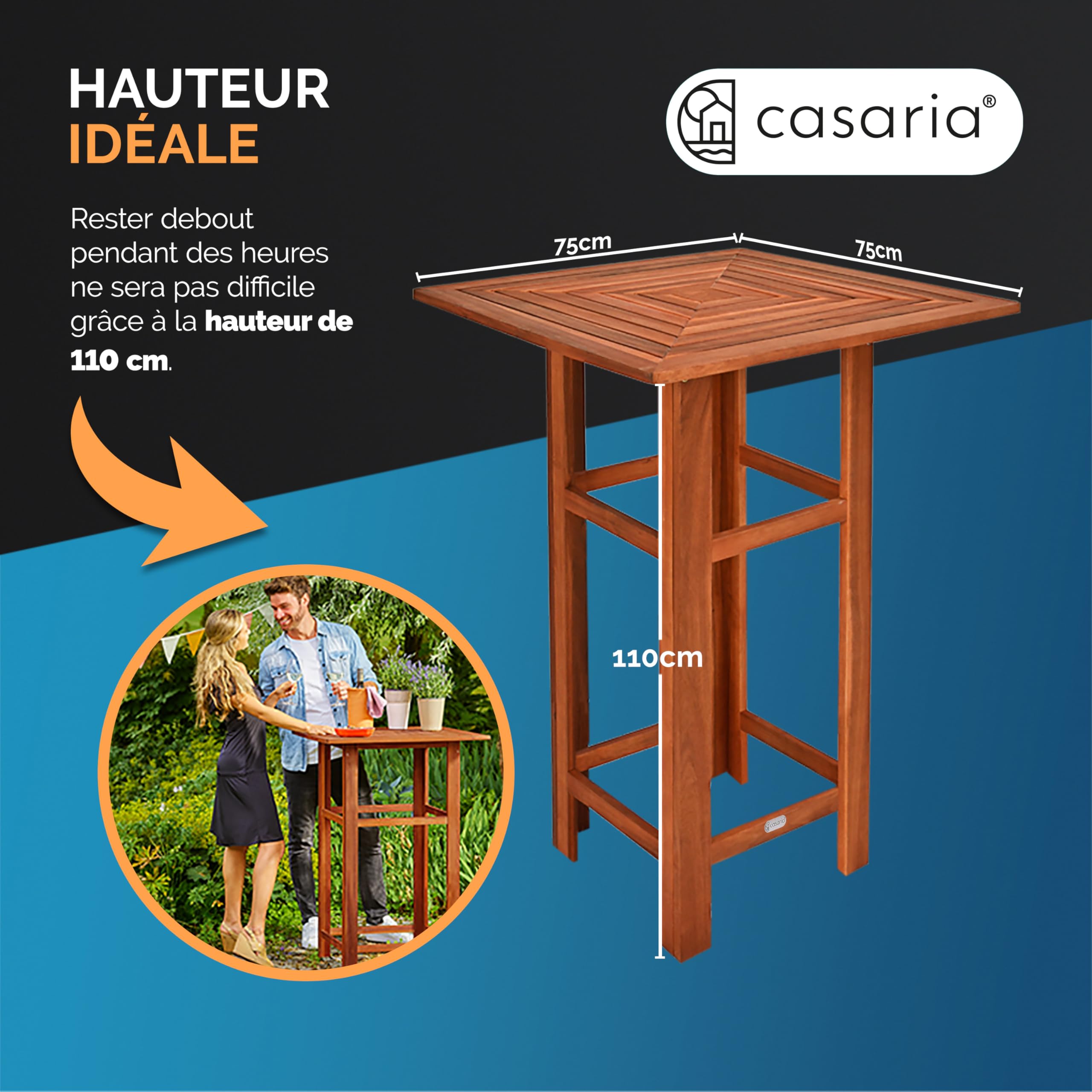 Casaria Table Haute carrée en Bois d'Acacia 75x75x110cm Mange-Debout Table en Bois extérieur Jardin terrasse évènement