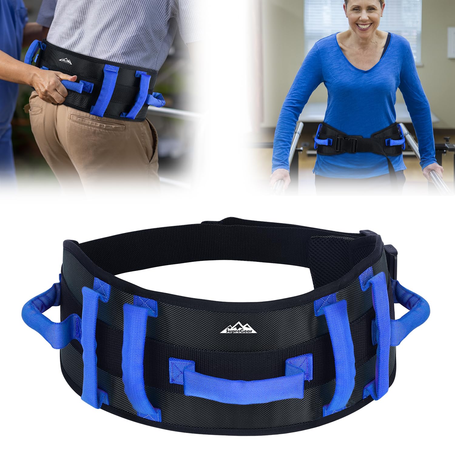 supregear Cintura da deambulazione imbottita con 7 maniglie, Cinturino regolabile per assistenza a anziani e mobilità bariatrica, Nero
