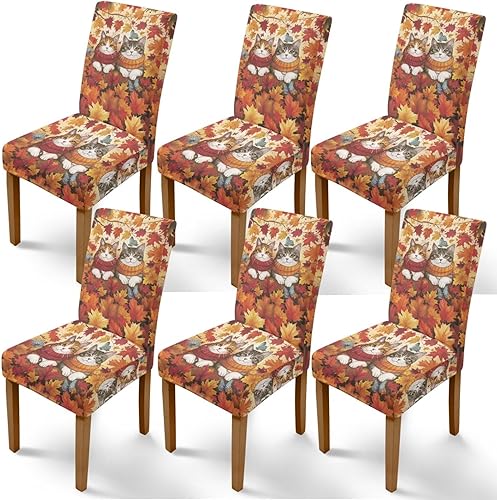 Rnyleeg Fall Chair Covers for Living Room No Arms Maple Leaves Cat Stretch Dining Chair Covers Set of 6 Soft Washable Kitchen Chair Protector Cover