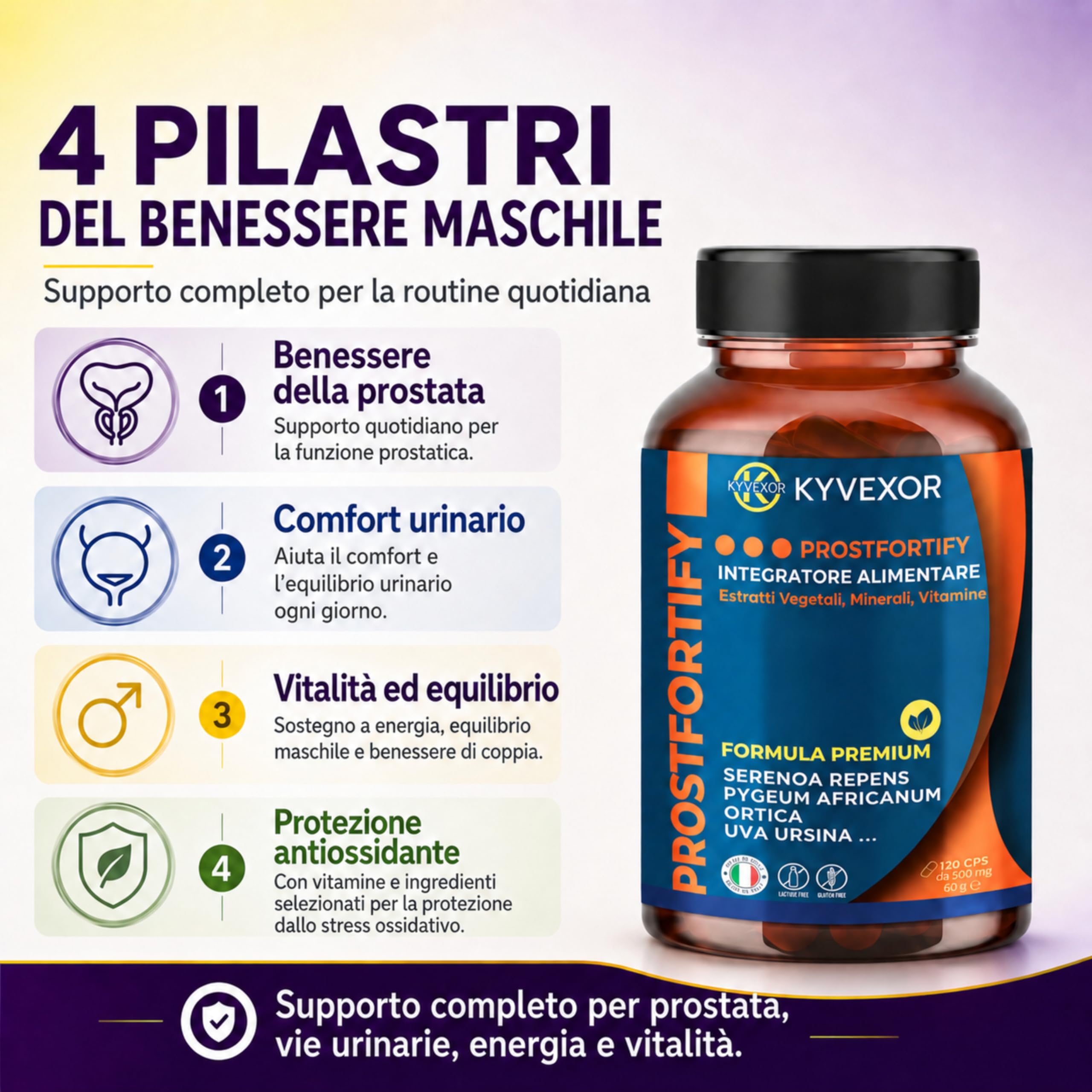 KYVEXOR ProstFortify Integratore Prostata Uomo 10 in 1 | Serenoa Repens/Saw Palmetto, Pygeum Africanum, Curcuma, Zinco, Vitamina C, D3 | Prostate Support, Benessere Prostatico e Vie Urinarie.
