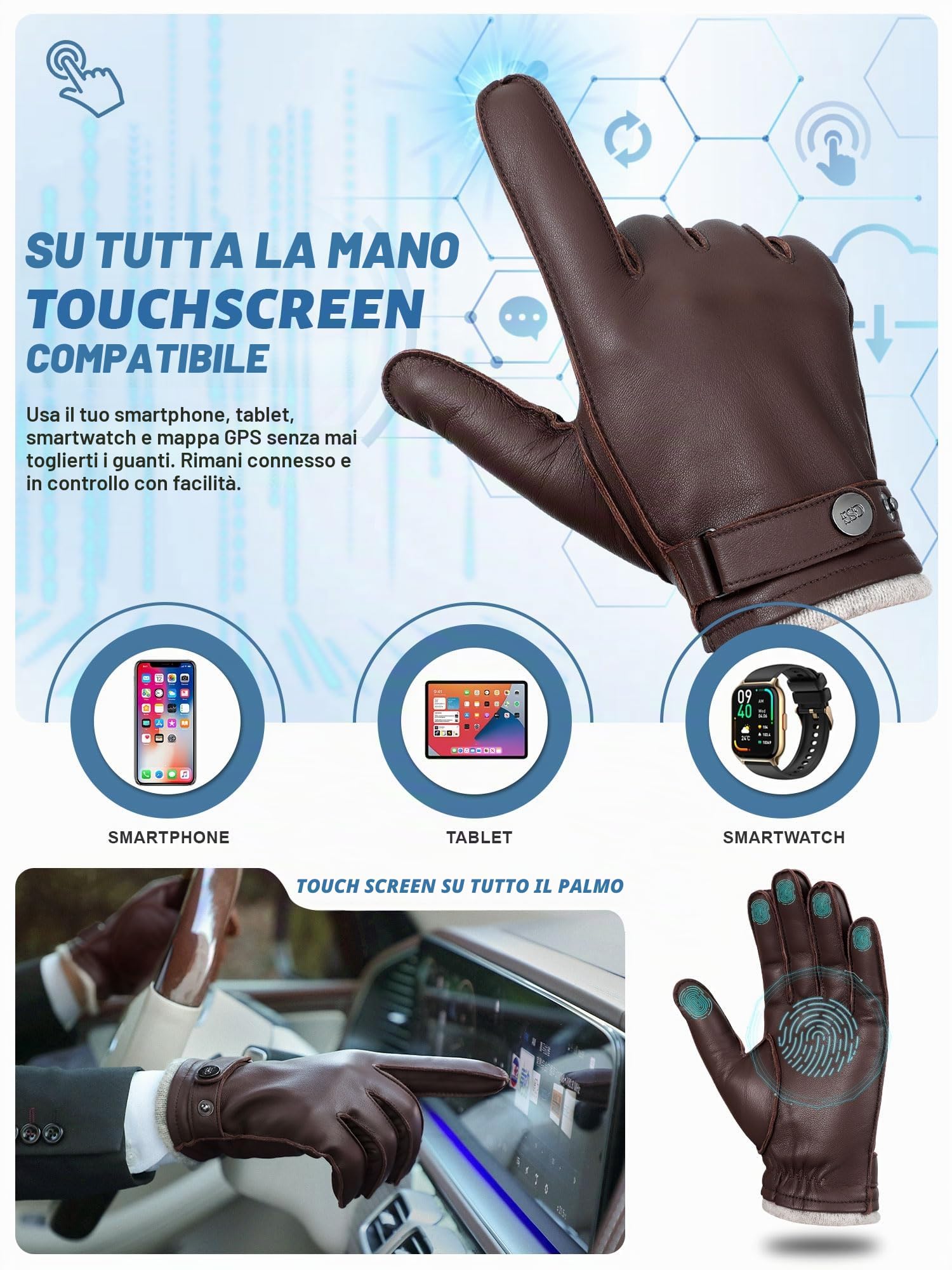 GSG SINCE 1998 Guanti Pelle Uomo – Guanti da Guida in Pelle Vera, Compatibili Touchscreen, Pelle di Pecora, Foderati in Lana, Caldi Invernali per Freddo, M1086
