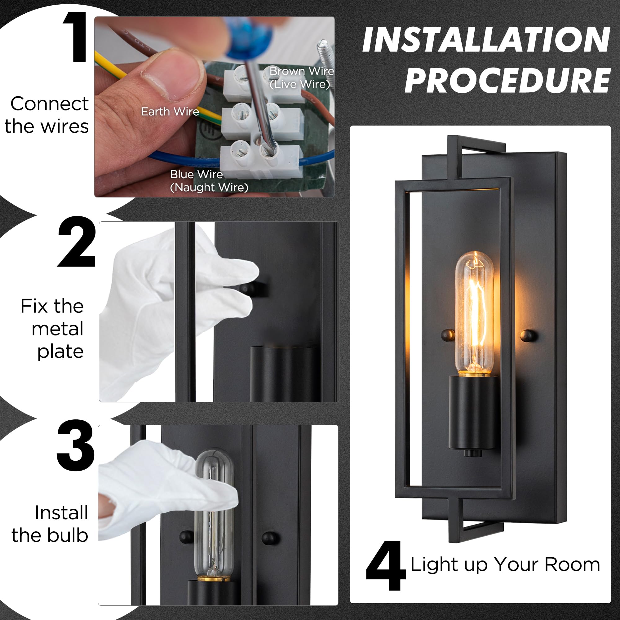 FTL 2 Stück Wandleuchte für Innen Industrial, Wandlampe Innen aus Metall, Schwarz Wandbeleuchtung Wohnzimmer E27, Vintage 1 Flammige Flurlampe Innen, LED Retro Bettlampe für Schlafzimmer