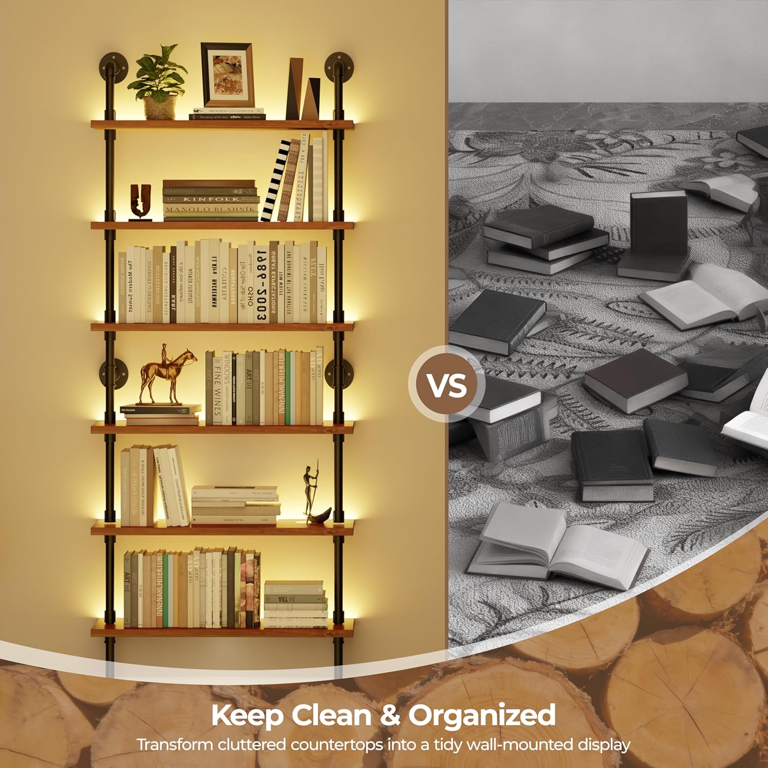 6 Tier LED Wall Mounted Bookshelf with Light Strip, 36 Inch Industrial Pipe Shelf, Lighted Solid Wood Ladder Bookcase for Living Room, Kitchen, Office (Walnut, 10" D x 36" W x 82.5" H)