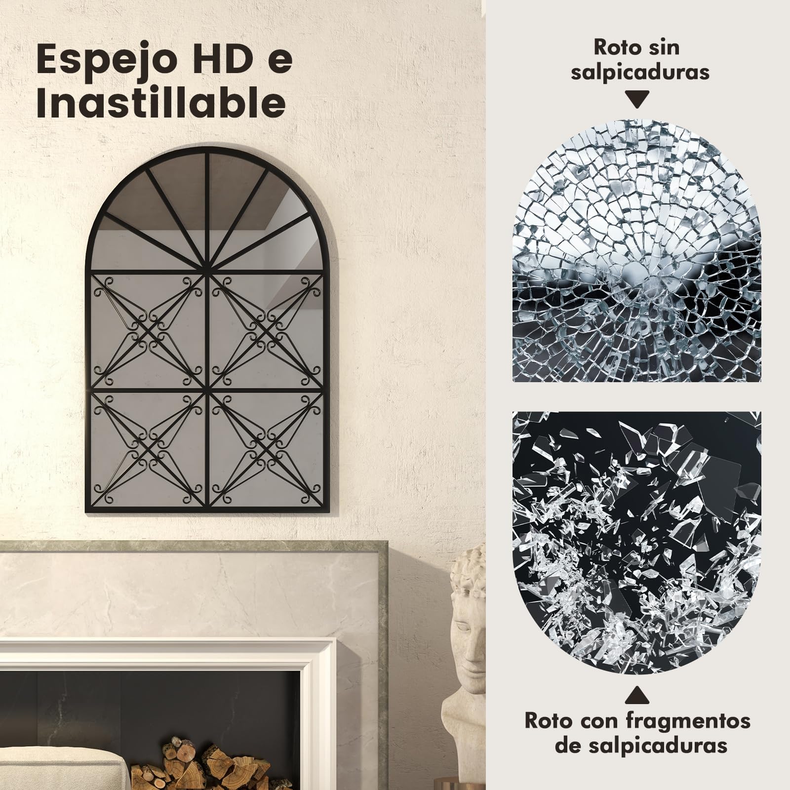 COSTWAY Espejo Pared de Ventana Arqueado, 58 x 87 cm, Espejo Decorativo con Marco de Metal, Espejo Colgante para Decoración de Ventana para Salón, Chimenea, Entrada, Dormitorio y Baño, Negro