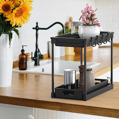 Miniatura 3 de Simple Houseware Organizador de almacenamiento estándar de 2 niveles para debajo del fregadero, color negro