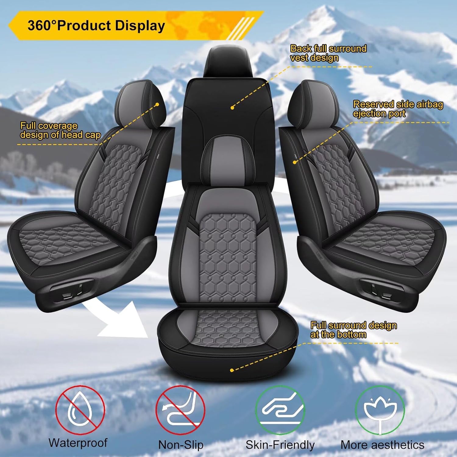Seat Covers for Toyota Prius 2001-2015, 5 Seat Full Set Faux Leather Car Seat Covers Cushion Black & Grey