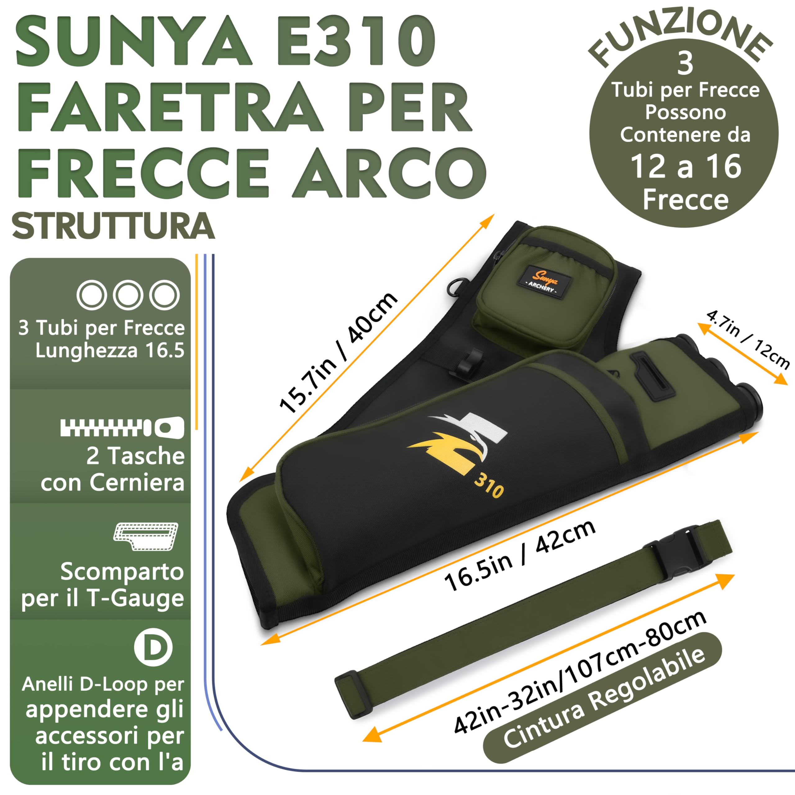 Sunya faretra per frecce Arco. Include 3 Tubi portafrecce, Tasche per Accessori e Cintura. Adatto per Archi Compound e recurve.