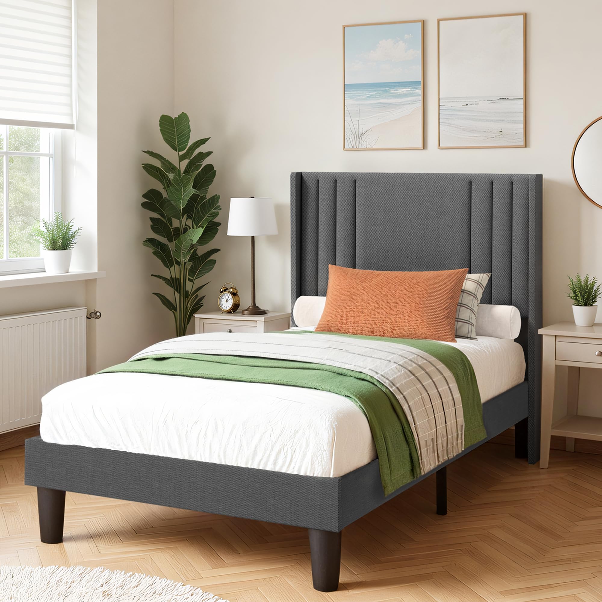 Lit capitonné 90x200 cm, Cadre de Lits avec tête de lit et sommier à Lattes, en Tissu Solide, Cadre de lit rembourré, pour Adolescent et Chambre d'amis, Gris Foncé